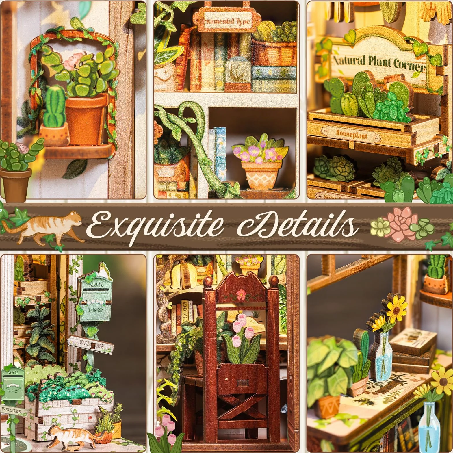 CUTEBEE Book Nook Kit-DIY Domek dla Lalek,Miniaturowy Dom z Zielonymi Roślinami i Oświetleniem LED,Deko na Półkę na Książki,Wyjątkowy Prezent (Green Life Bookshop)