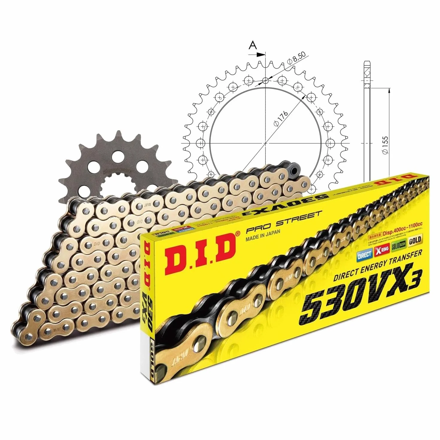 Zestaw łańcuchów DID Alu 530VX3 / 108 nitowy zamek czarny do Triumph Speed Triple EFI R Sprint RS ST Daytona T595 900-1050 ccm rok prod. 1997-2020