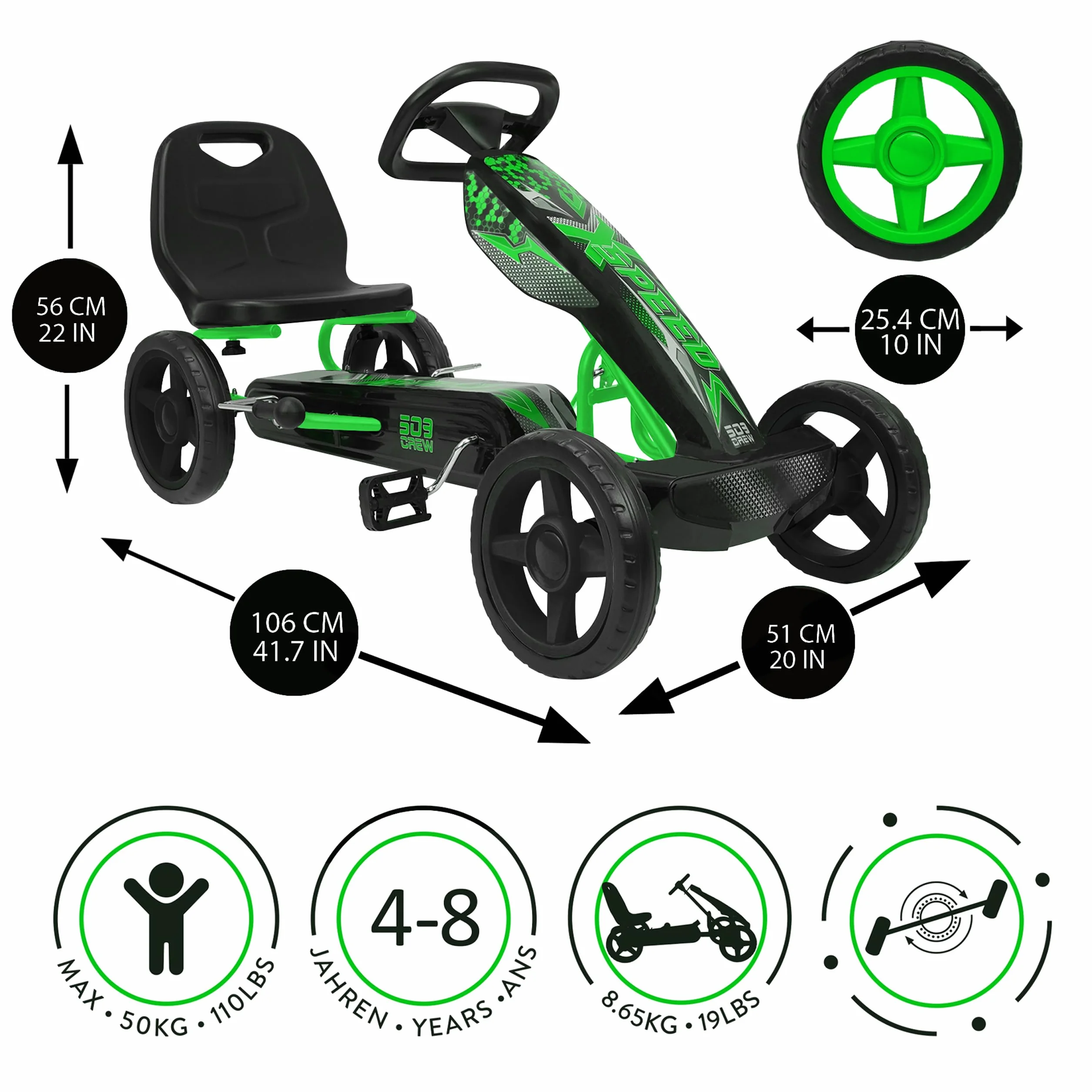 509 Crew XSpeed Go-Kart zielony, grafika sportowa, regulowane siedzisko, felgi 25 cm, koła EVA, hamulec ręczny