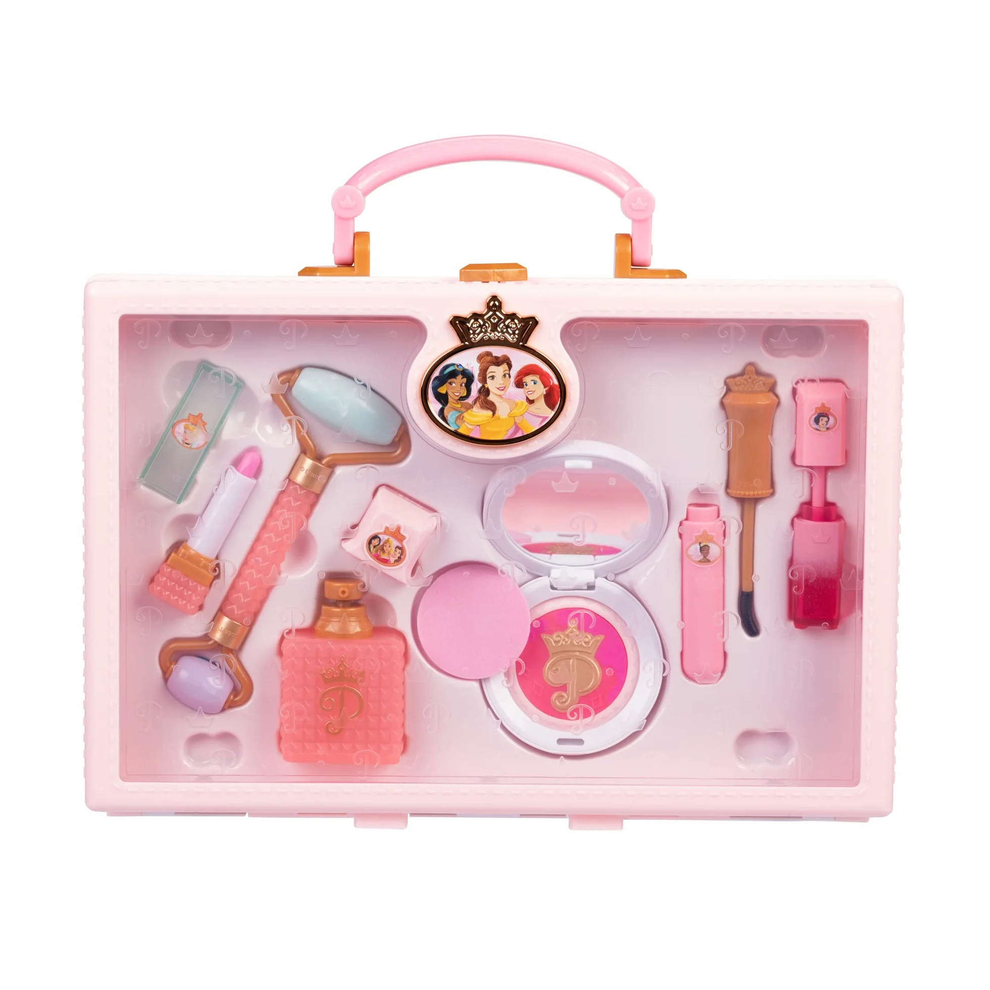 Disney Princess Style Collection Girls Trendy Makeup Tote Bag, Modne narzędzia do udawania zabawy w makijaż, w tym wałek do twarzy, w zestawie 8 różnych narzędzi do zabawy