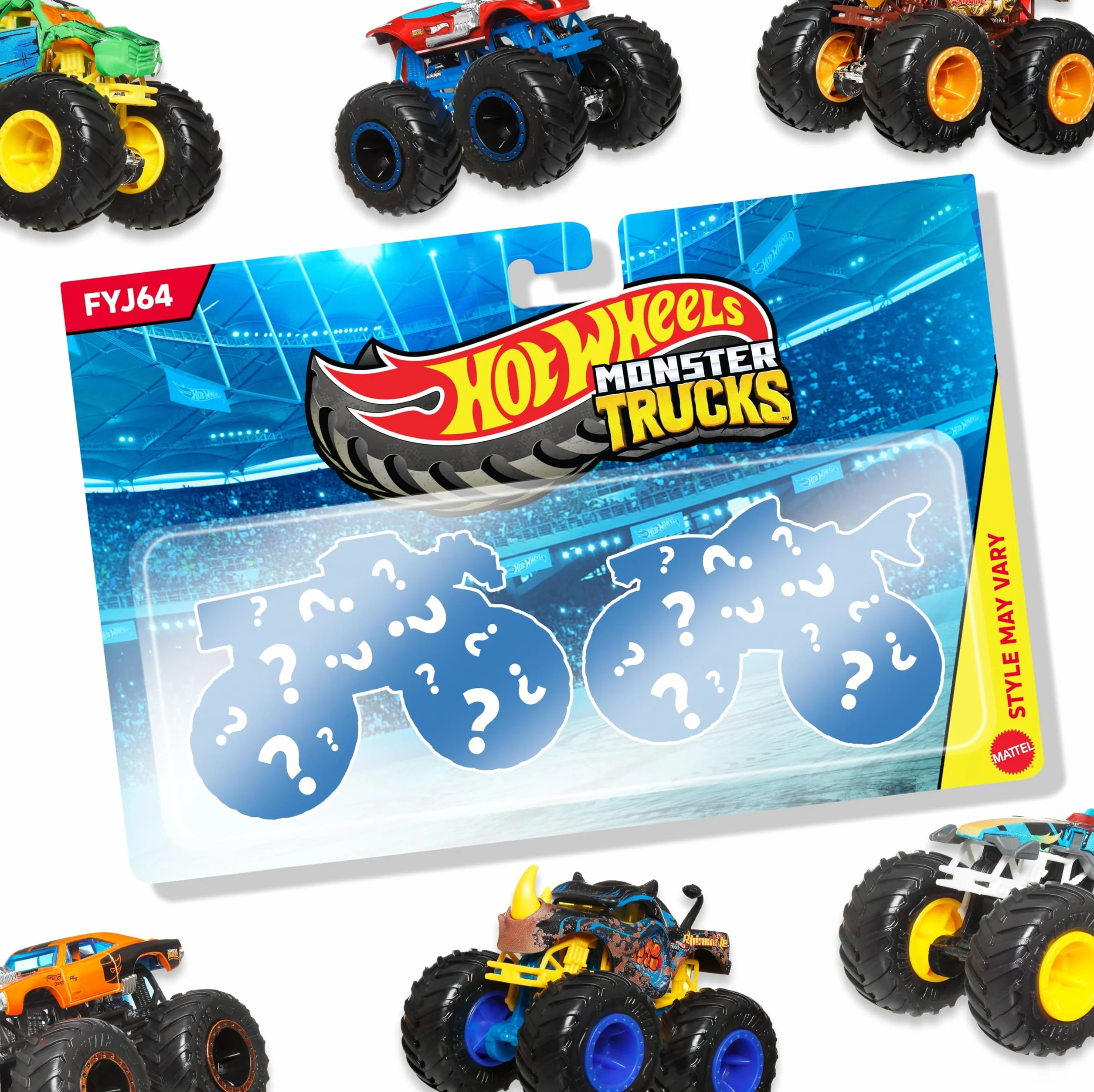 Hot Wheels Monster Trucks 2-pak, zestaw 2 zabawkowych pojazdów w skali 1:64, dla dzieci i kolekcjonerów (style mogą się różnić), FYJ64