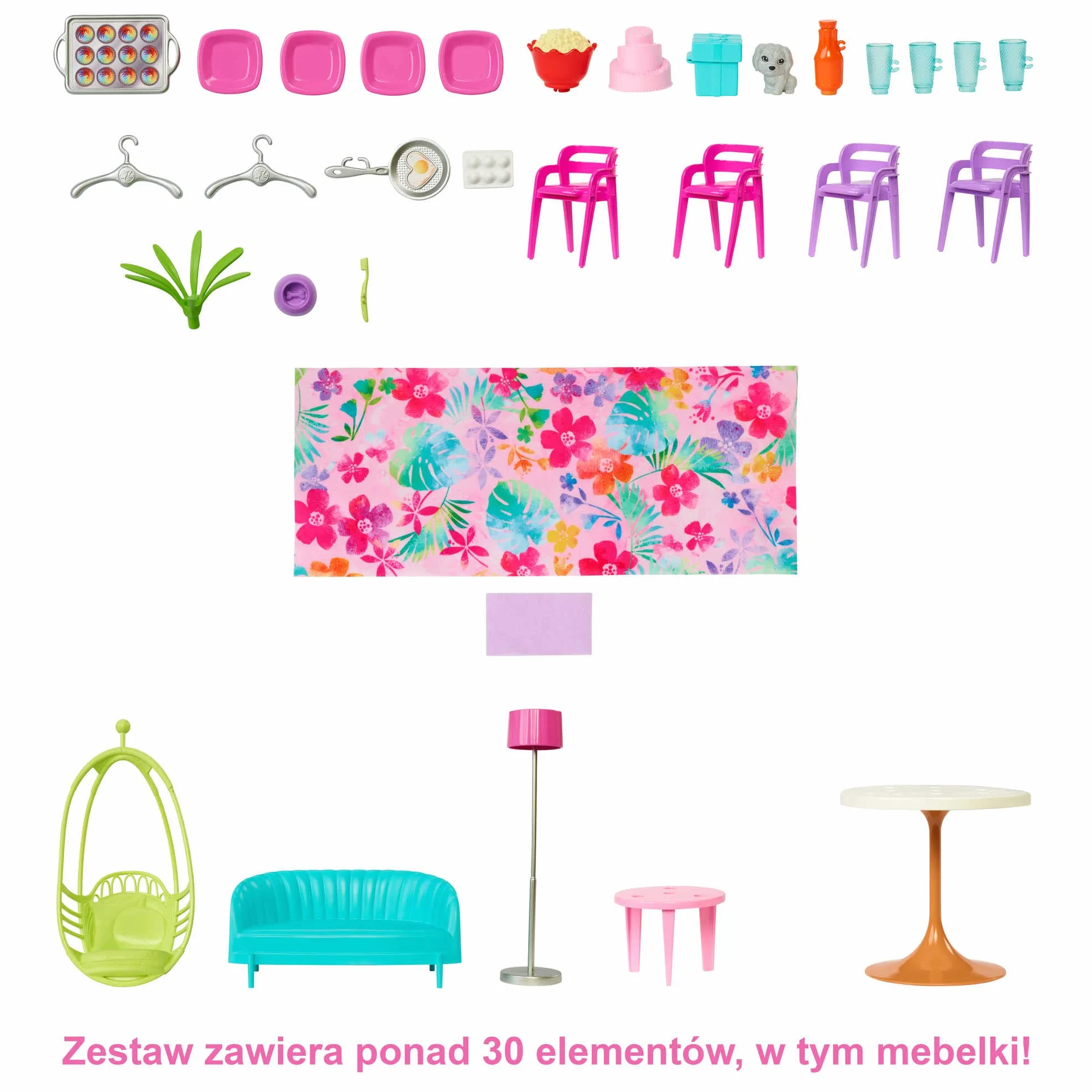 Barbie Wakacyjny domek Zestaw do zabawy (107 cm) z 2 poziomami, 6 pomieszczeniami, huśtawką-windą i ponad 30 elementami, zabawka dla dzieci od 3 roku życia, HCD50