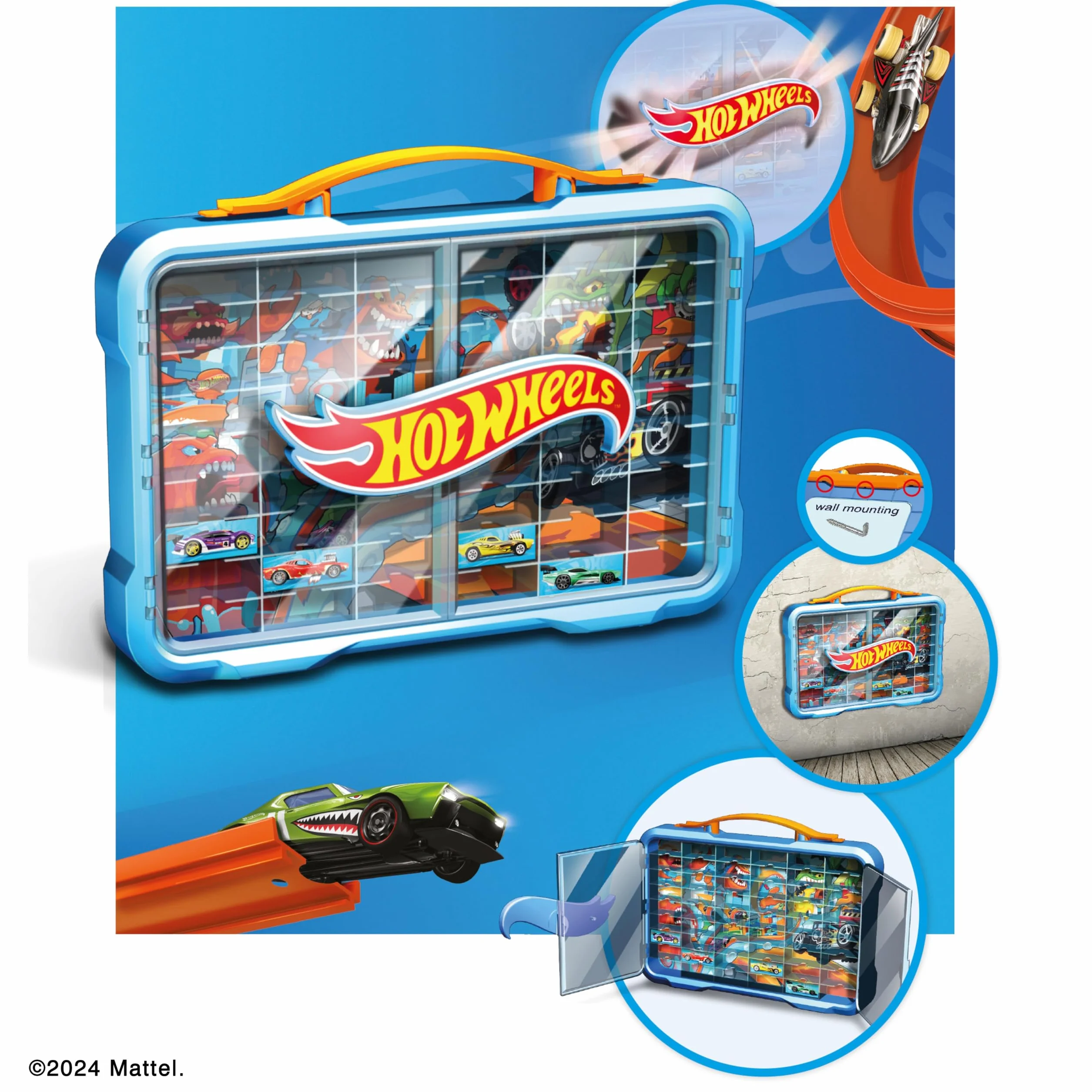 Theo Klein 2408 Hot Wheels witryna do walizki kolekcjonerskiej, miejsce na 54 samochody, świecące logo Hot Wheels, z praktycznym uchwytem do noszenia, zabawka dla dzieci od 3 lat