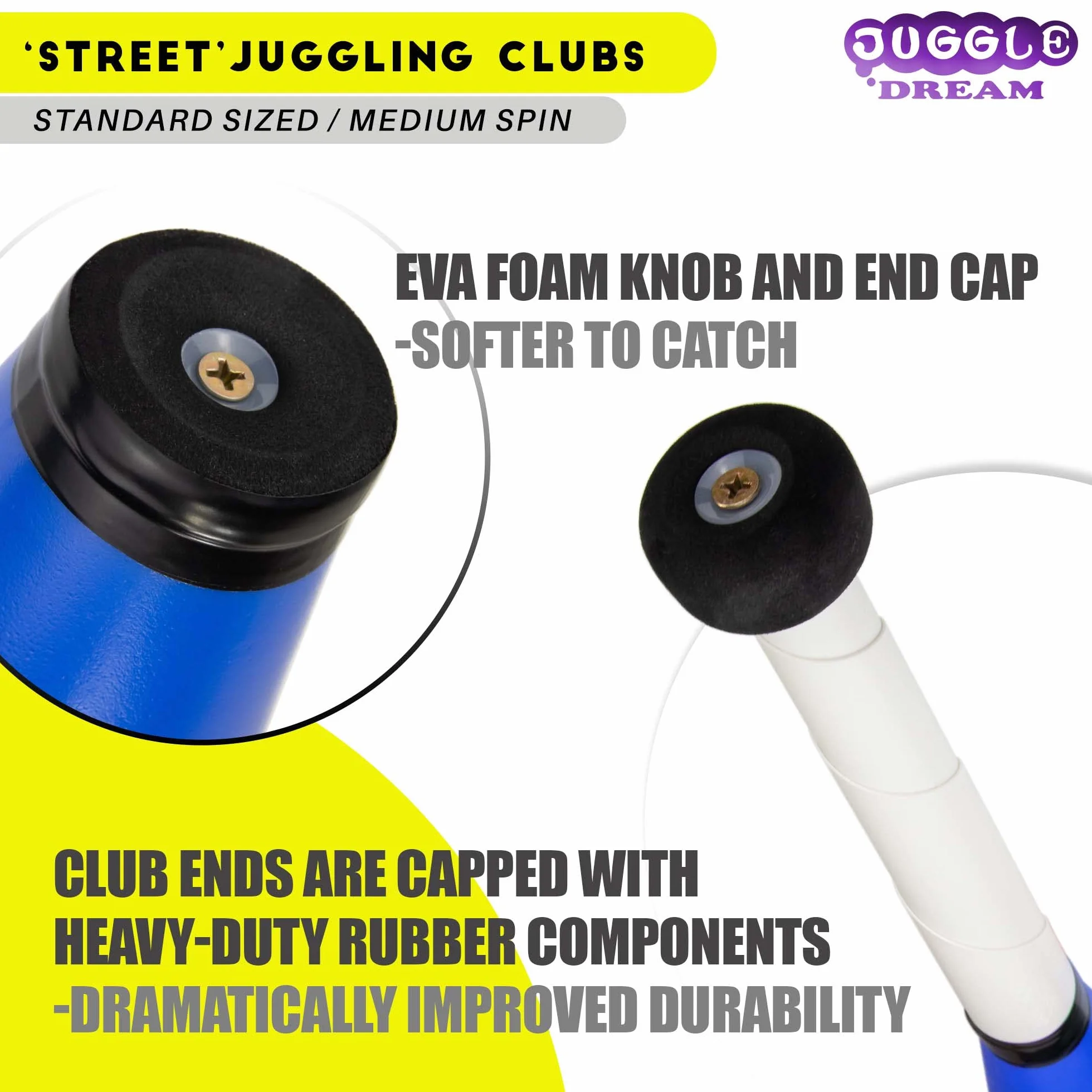 Juggle Dream Trainer Street żonglowania klubów, zestaw 3 wspaniałych klubów treningowych - zestaw żonglerski dla początkujących i zaawansowanych żonglerów (czerwony, niebieski, żółty)