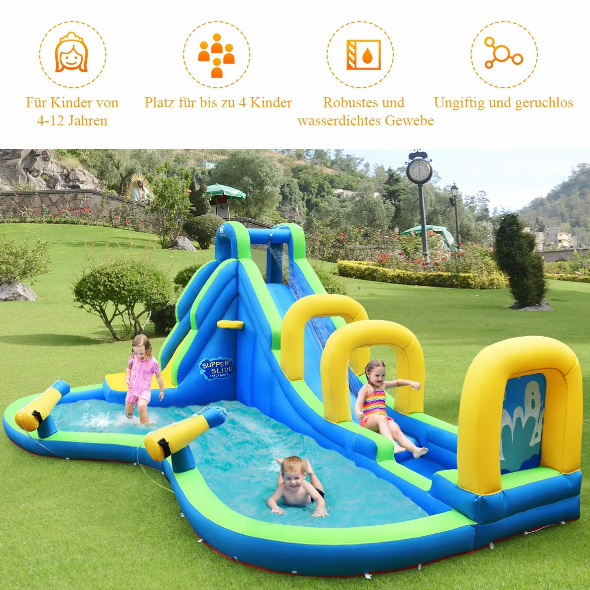 COSTWAY Bouncy Castle, zjeżdżalnia wodna, basen do zabawy, nadmuchiwany park wodny, basen do pływania 478 x 366 x 242 cm (zamek z dmuchawą)