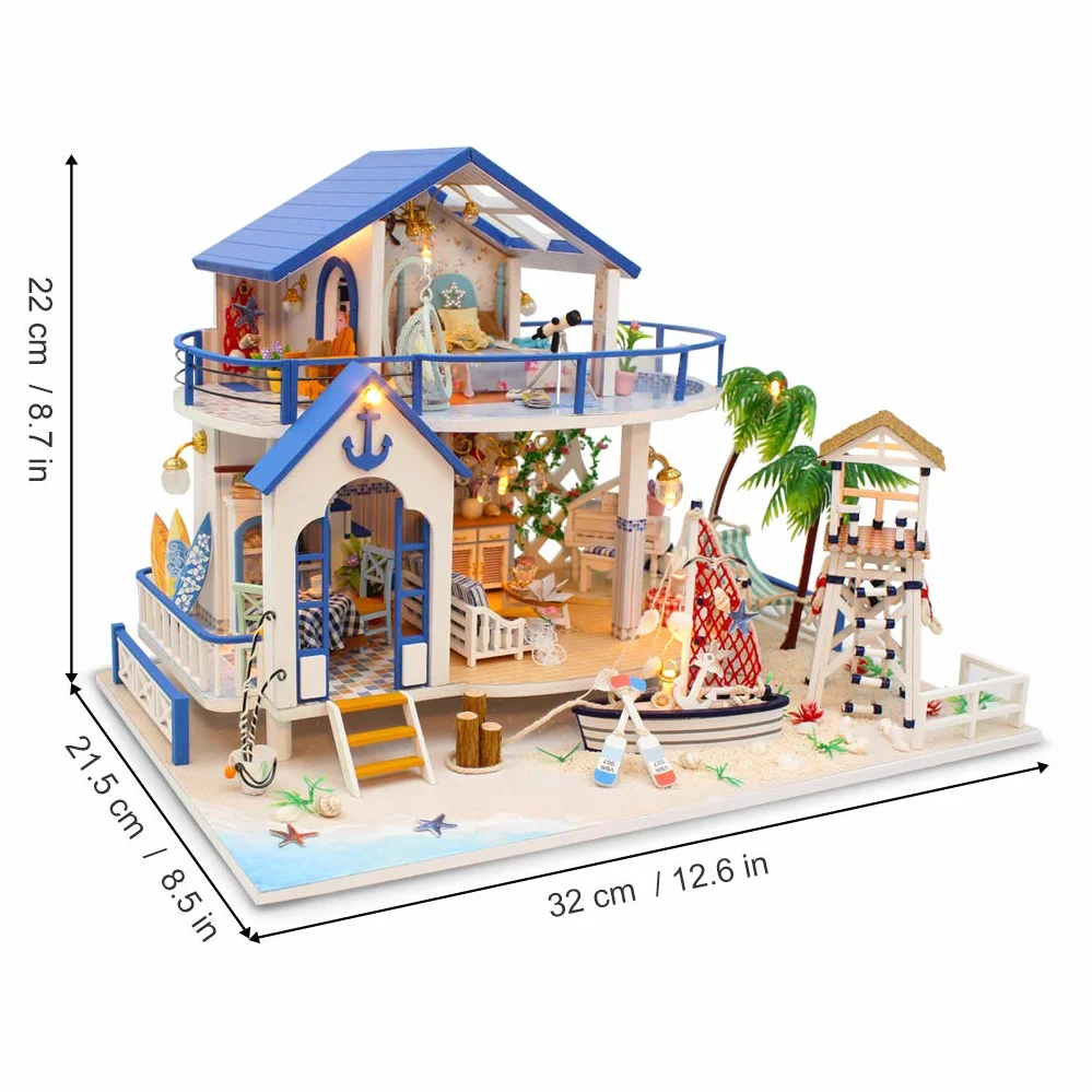 GuDoQi Miniaturowy zestaw domku dla lalek z muzyką, miniaturowe zestawy modeli domu DIY do budowania, rękodzieło ręcznie robione dla dorosłych, stwórz własny na urodziny, Dzień Ojca, Niebieska Willa
