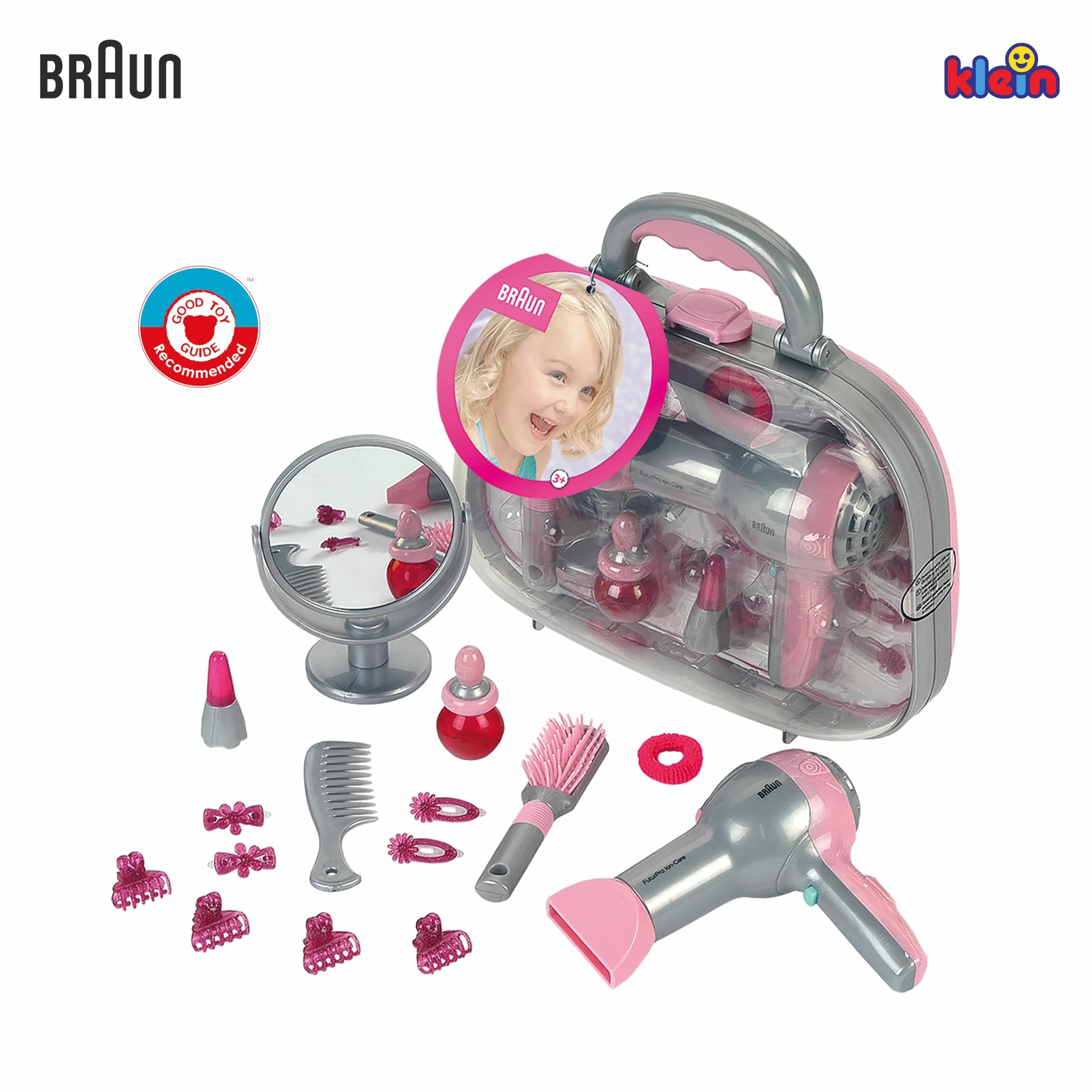 Theo Klein 5855 Braun Hairdresser's Case I with Mirror, Comb and Lots of Styling Accessories I with Battery - Powered Hairdryer I Toy for Children Aged 3 Years and up
