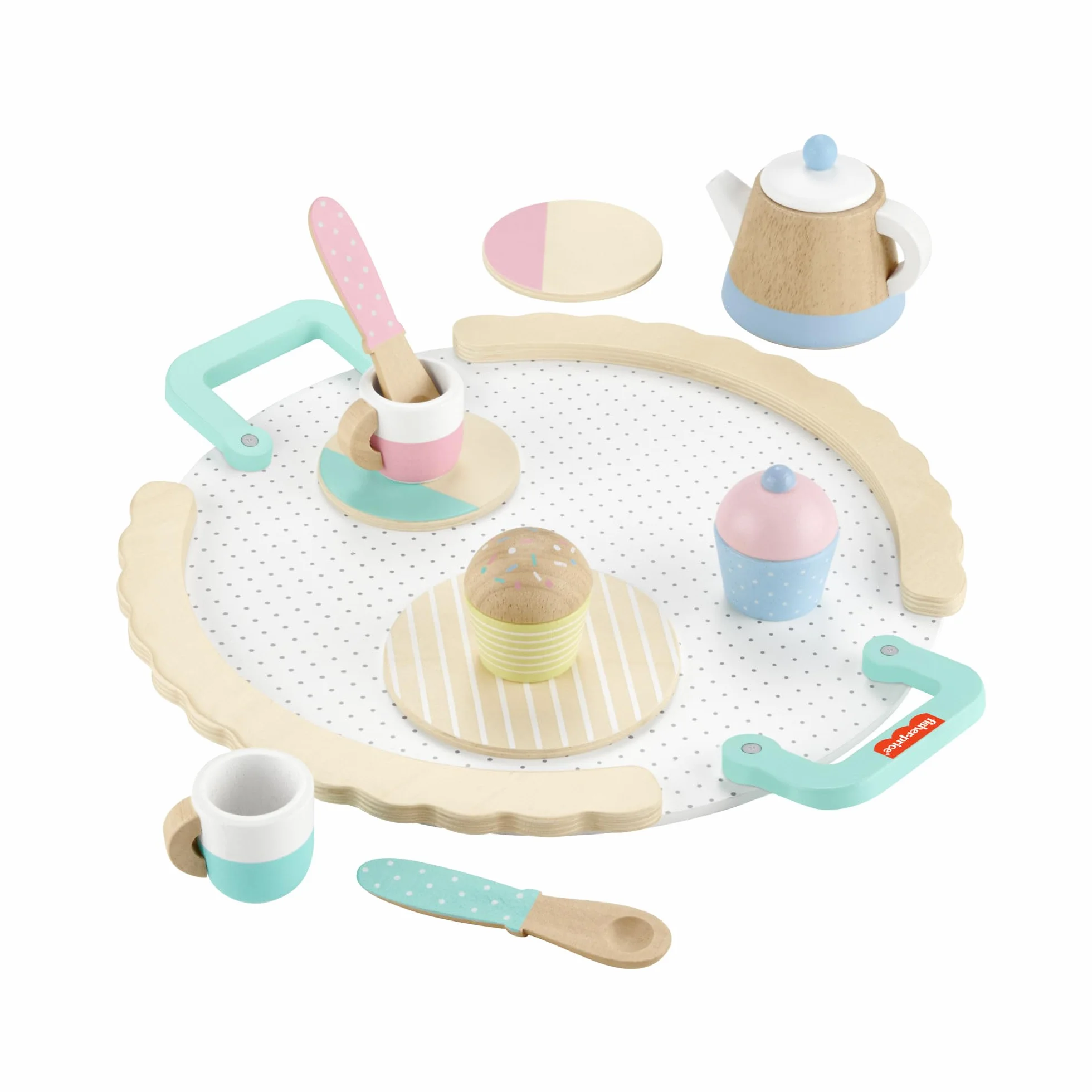 Fisher-Price Czas na podwieczorek Zestaw drewnianych zabawek 12 elementów do zabawy w naśladowanie dla dzieci od 3 roku życia, HXT82