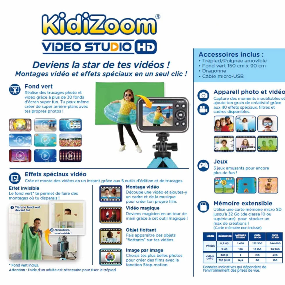 VTech - KidiZoom Video Studio HD, aparat cyfrowy dla dzieci, fotografia, selfie, wideo HD, kolorowy ekran ze statywem i zielonym tłem, prezent dla dzieci w wieku od 5 lat do 12 lat - Zawartość w