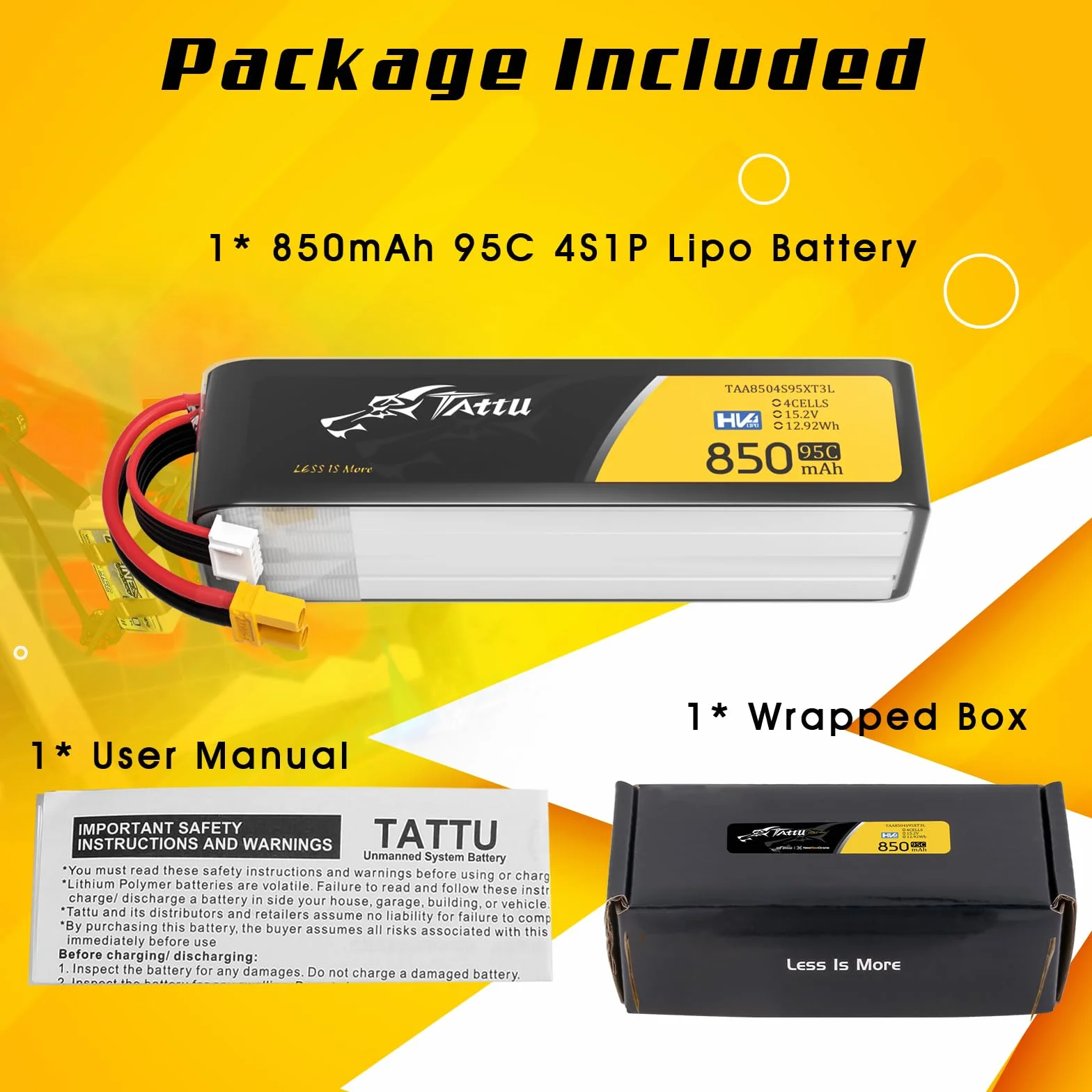 Tattu 850mAh 4S 95C 15,2V HV LiPo Long-Pack akumulator z wtyczką XT30 do dronów FPV i multikopterów wyścigowych