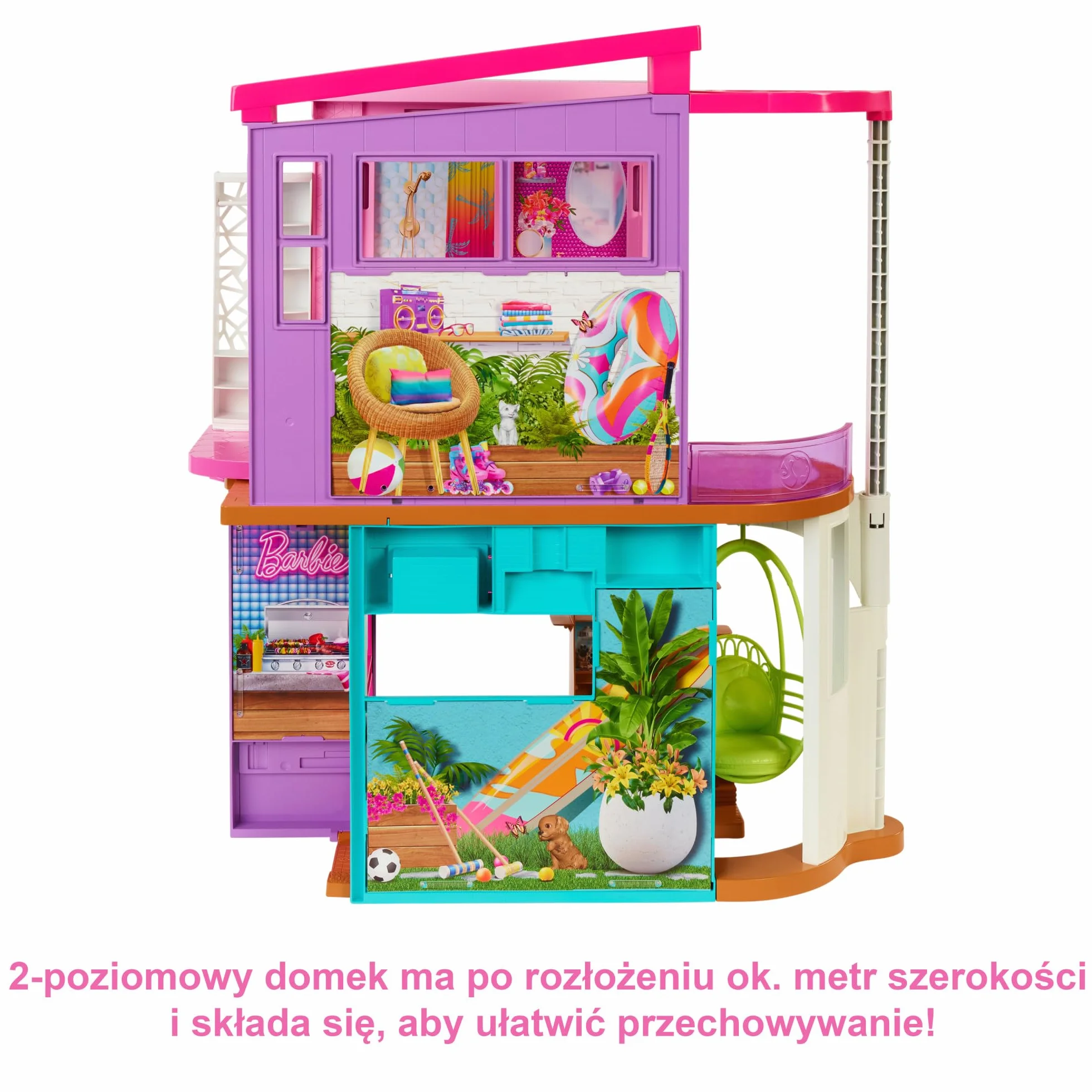 Barbie Wakacyjny domek Zestaw do zabawy (107 cm) z 2 poziomami, 6 pomieszczeniami, huśtawką-windą i ponad 30 elementami, zabawka dla dzieci od 3 roku życia, HCD50