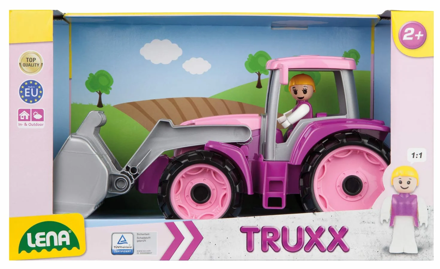 Lena 04452 TRUXX Traktor Pink z przednią łopatą, pojazd ok. 34 cm, traktor z szuflą do koparki i ruchomą figurką do zabawy, pojazd do zabawy dla dziewczynek od 2 lat w kolorze różowym, fioletowym