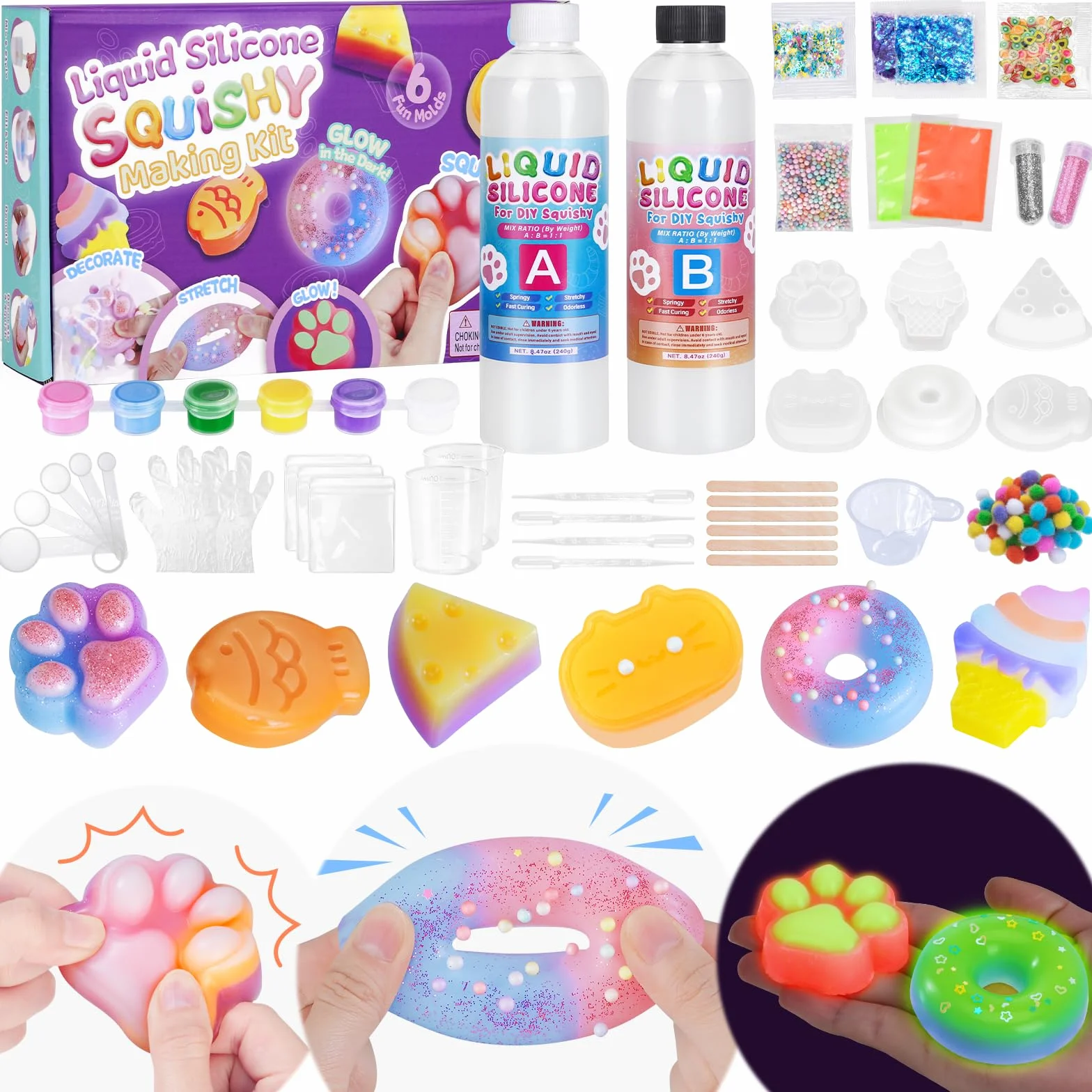 Highttoy Zestaw do tworzenia świecących w ciemności zabawek Squishy, 480ml płynnego silikonu AB o proporcjach mieszania 1:1, 6 opakowań zabawek Squishy z gumy silikonowej