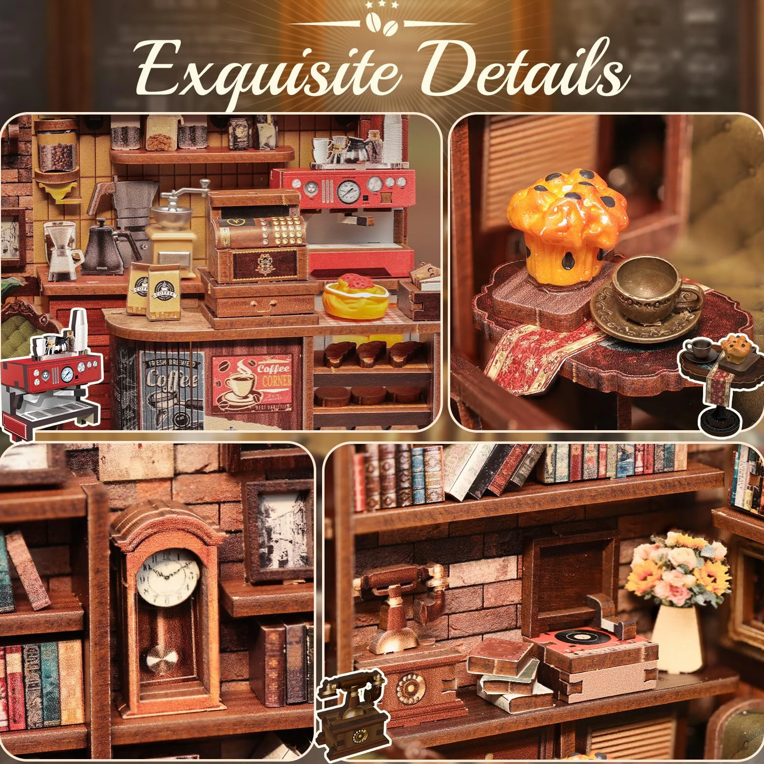 CUTEBEE Book Nook – DIY Mini House Miniaturowego Domku Dla Lalek dla Dorosłych z Oświetleniem LED, Układanką 3D i do – Dekoracja Półki na Książki i Pomysł na Prezent (Corner Coffee Shop)
