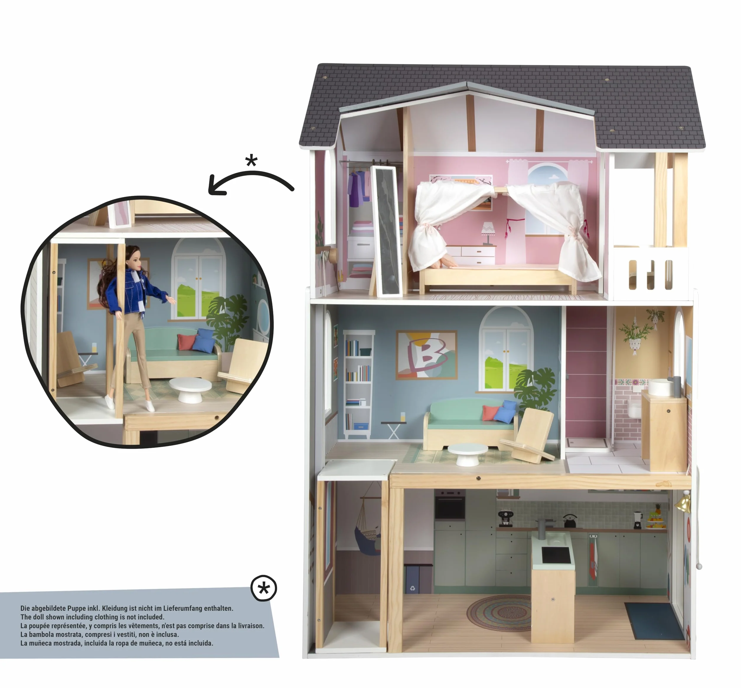 Mały domek dla lalek Villa XL, 3-piętrowy domek dla lalek z windą, dla lalek do 30 cm, skala 1:6, imitacja drewna, 12730