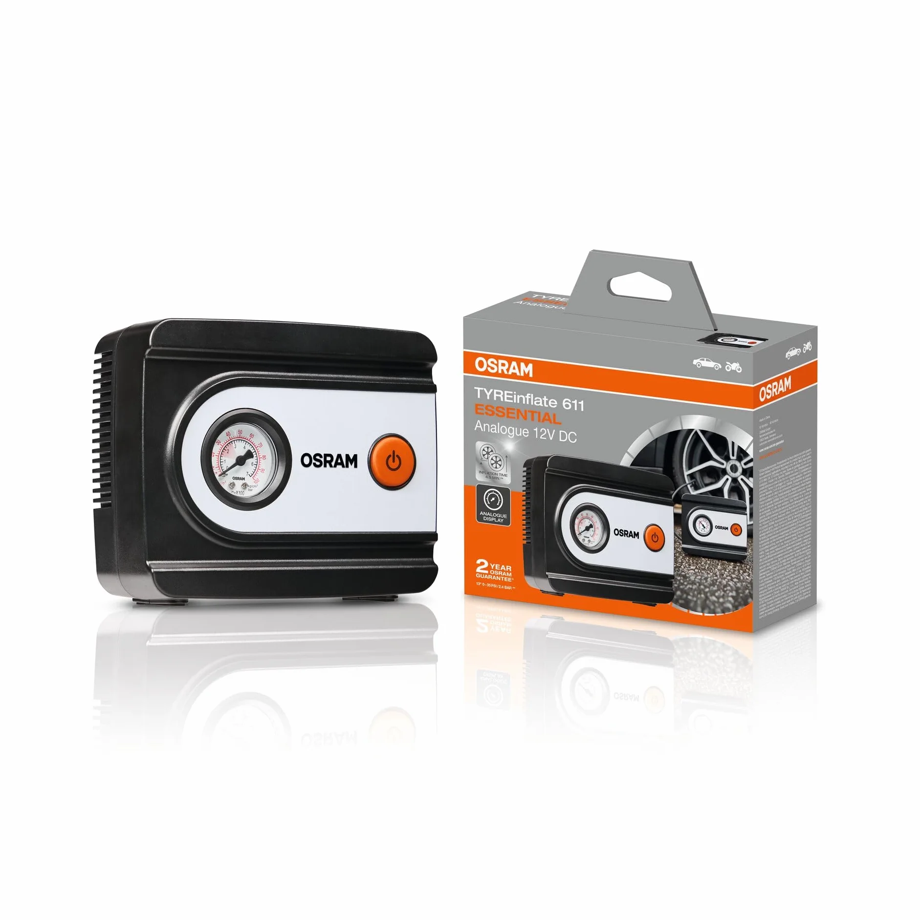 OSRAM TYREinflate 611 ESSENTIAL, analogowy kompresor do opon, pompuje w 4,5 minuty, wąż 60 cm, adapter w zestawie