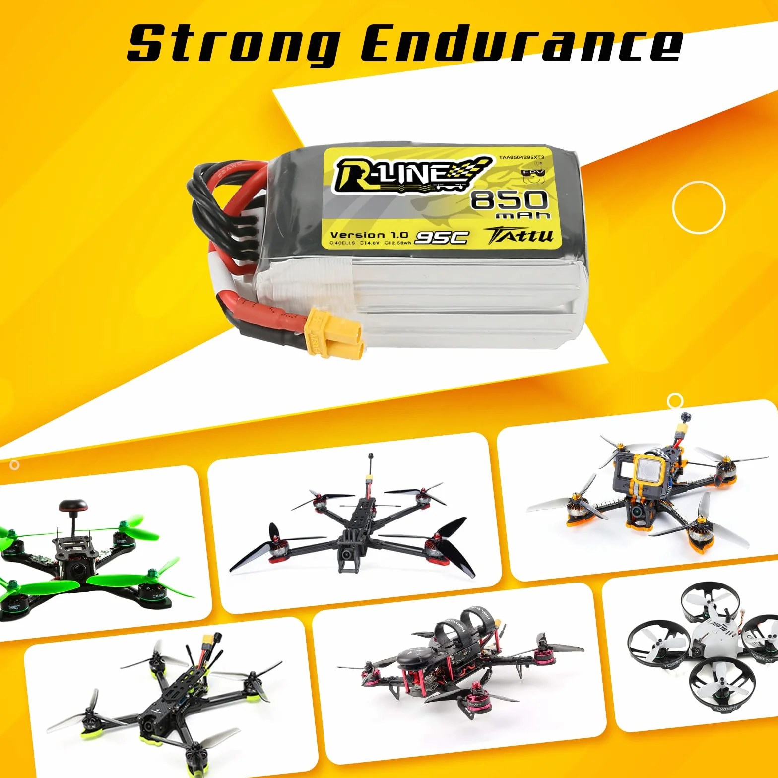 Tattu 4S Lipo akumulator 850 mAh 14,8 V 95C Lipo akumulator Lipo seria R-Line Pack z wtyczką XT30 nadaje się do Multirotor FPV w rozmiarze od 100 do 180