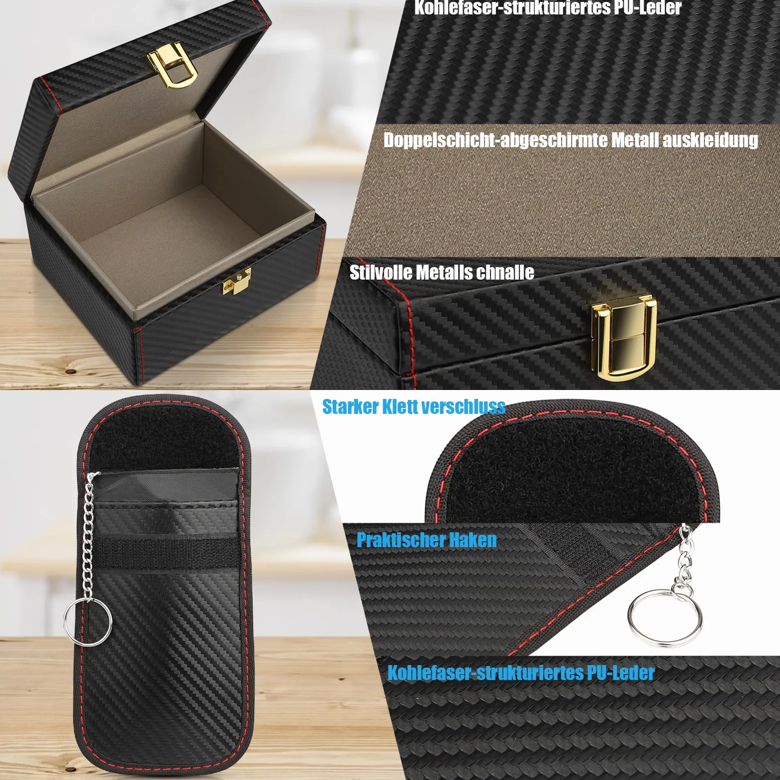 Diyife Keyless Go Faraday pudełko i sakiewka (2 czarne), na 5–7 kluczyków samochodowych, zabezpieczenie przed kradzieżą, blokada RFID, 14,0 × 12,3 × 7,4 cm