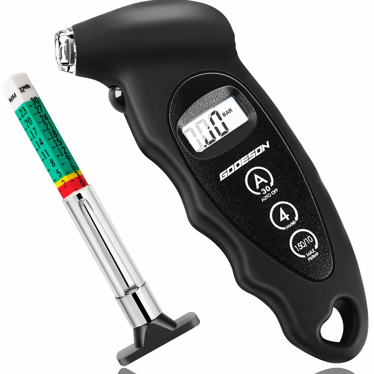 GODESON Cyfrowy miernik ciśnienia w oponach 150 PSI 10 barów z 4 ustawieniami i miernikiem głębokości bieżnika opon,miernik opon odpowiedni do samochodów osobowych,ciężarowych,rowerów,motocykli