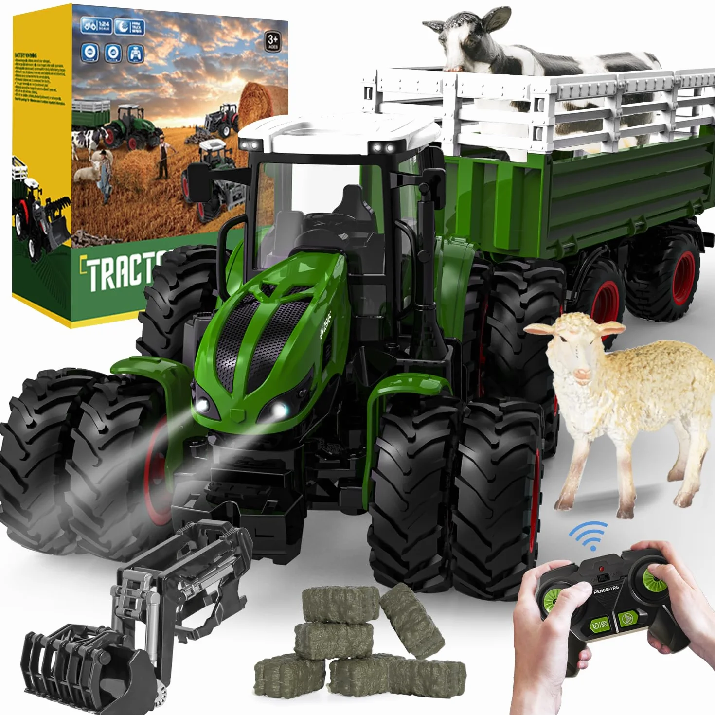 PENGBU RC Zabawka Traktorowa 2,4 GHz, Zdalnie Sterowany Traktor Rolny z Pilotem, Krowa i Owca - Prezent dla 3-8 Lat