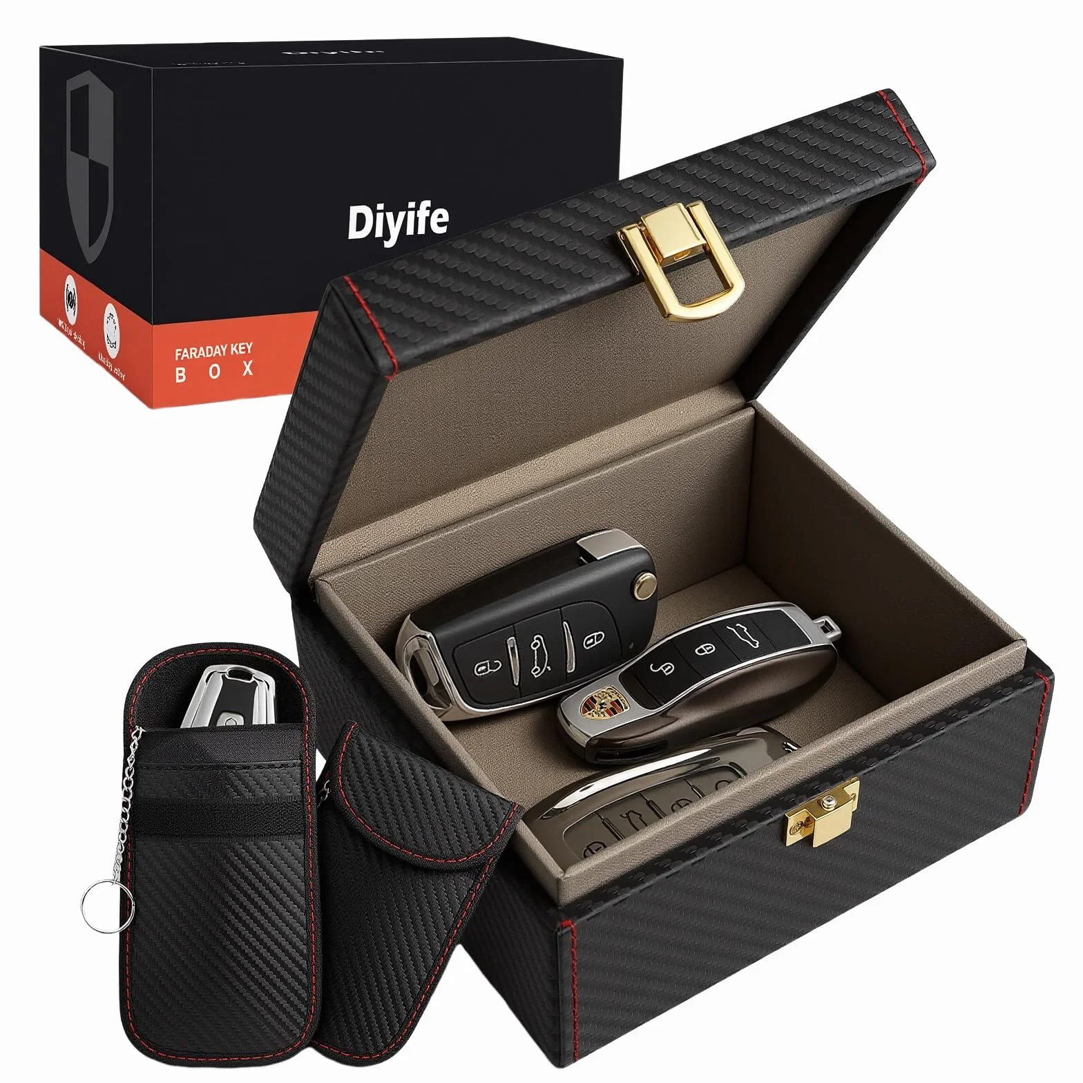 Diyife Keyless Go Faraday pudełko i sakiewka (2 czarne), na 5–7 kluczyków samochodowych, zabezpieczenie przed kradzieżą, blokada RFID, 14,0 × 12,3 × 7,4 cm