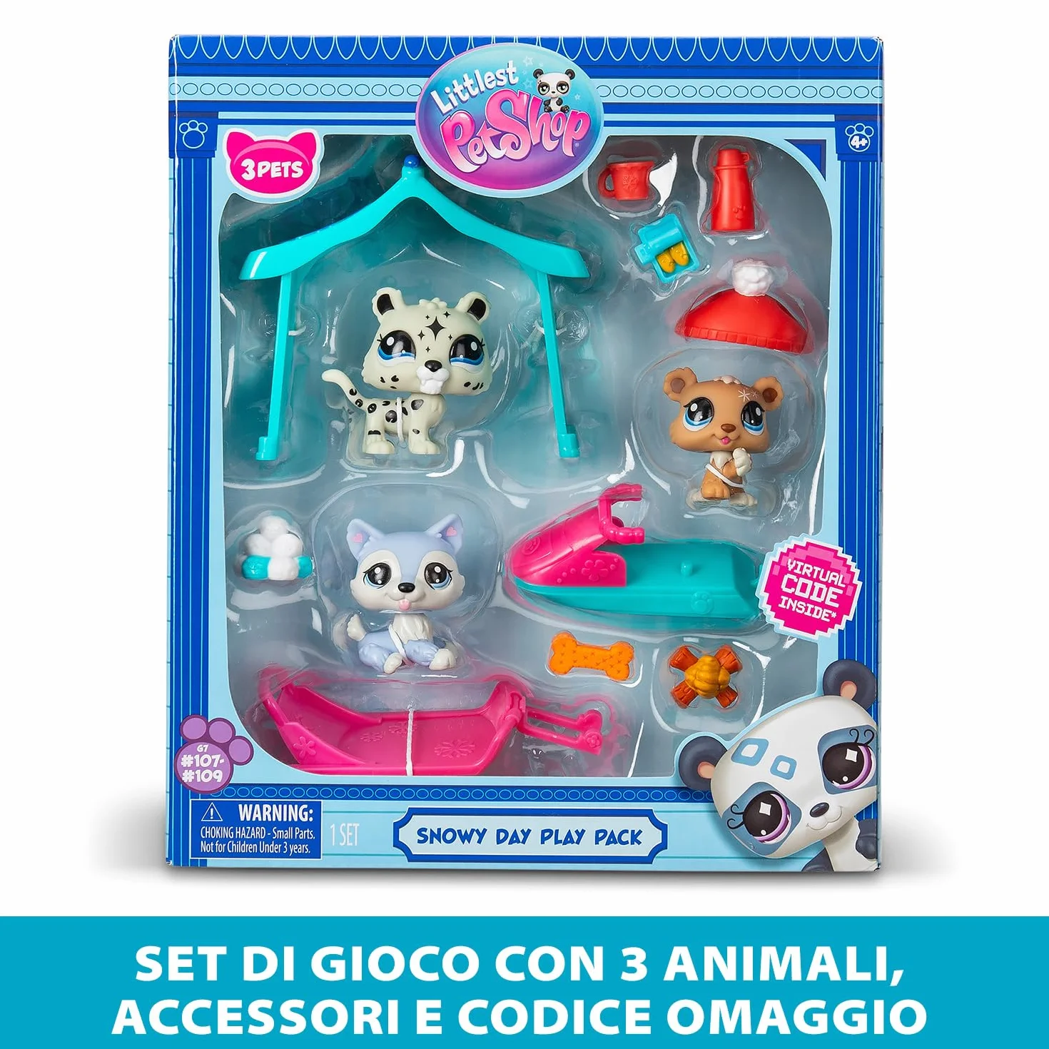 Littlest Pet Shop Series 2 Snowy Day Play Pack, opakowanie zawiera 3 mini zabawki dla zwierząt domowych LPS, 6 akcesoriów, 1 kartę kolekcjonerską i 1 wirtualny kod, zabawki kolekcjonerskie dla