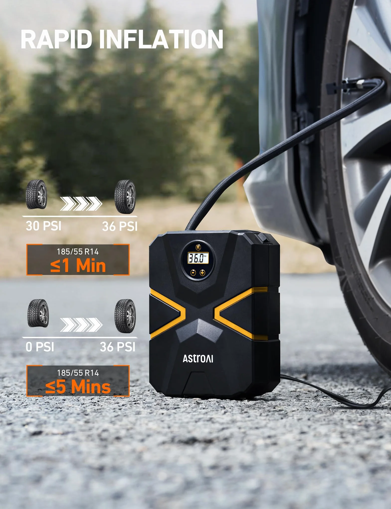 AstroAI Sprężarka do opon samochodowych, pompa powietrza 10,3 bar, 12 V DC, z wyświetlaczem LCD w czasie rzeczywistym, wstępnie ustawione ciśnienie w oponach, automatyczne wyłączanie, sprężarka