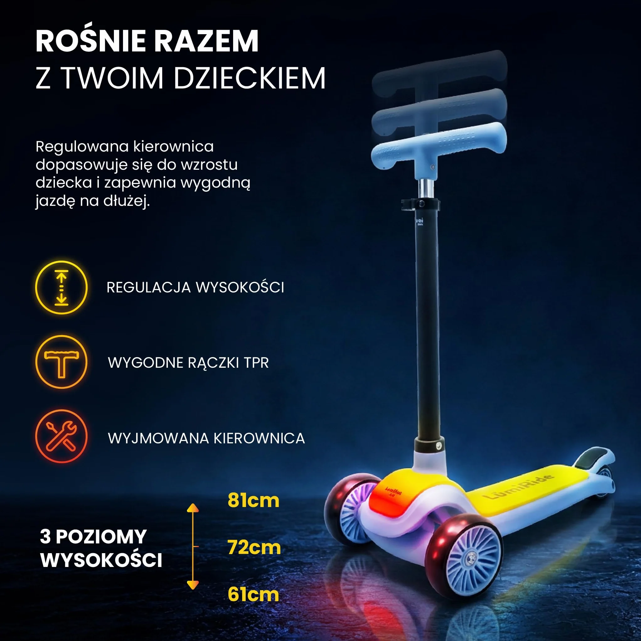 LUMI RIDE Hulajnoga Trójkołowa dla dzieci LED 3+, Balansowa, Składana, Regulowana Kierownica, Hamulec Nożny, Antypoślizgowy Podest, Wyjmowana Kierownica