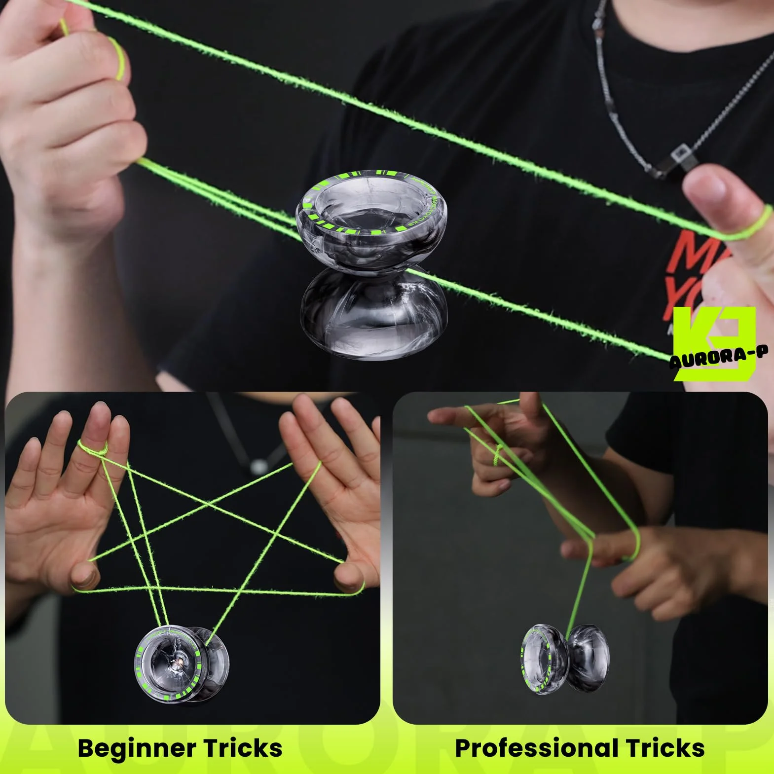 MAGICYOYO Yoyo K3 Aurora-p, dwufunkcyjne Yo Yo dla responsywnych i niereagujących, sztuczka z obracaniem palcem jo-jo dla dzieci i początkujących, plastikowe yoyo z 12 strunami i zestawem akcesoriów