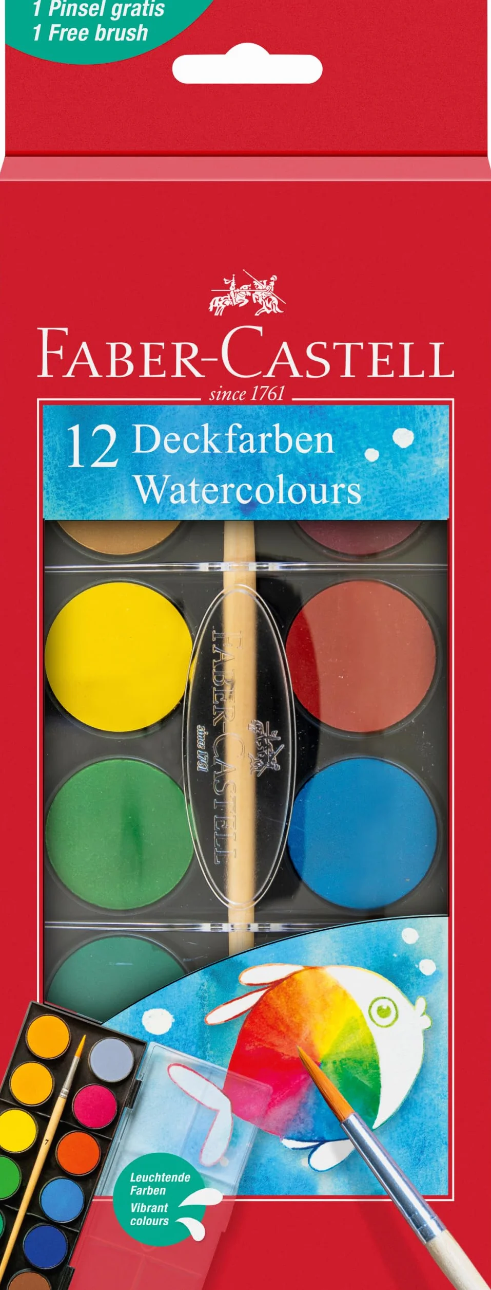 Faber-Castell 125018 - Pudełko z akwarelami 12 kolorów, w zestawie z pędzlem, pudełko do kolorowania dla szkoły i czasu wolnego