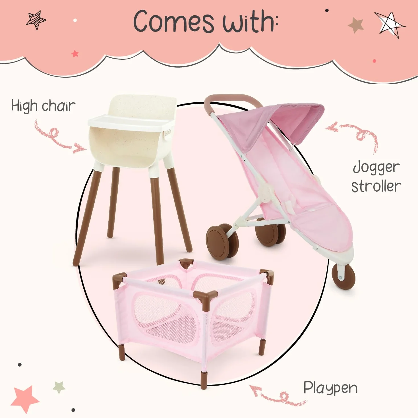 LullaBaby – 14-Inch Realistic Baby Doll Accessory Bundle – Nursery Care Set – High Chair, Playpen & Jogger Stroller – Pretend Play Toys – Kids 2+ Years– Baby Doll Nursery Playset