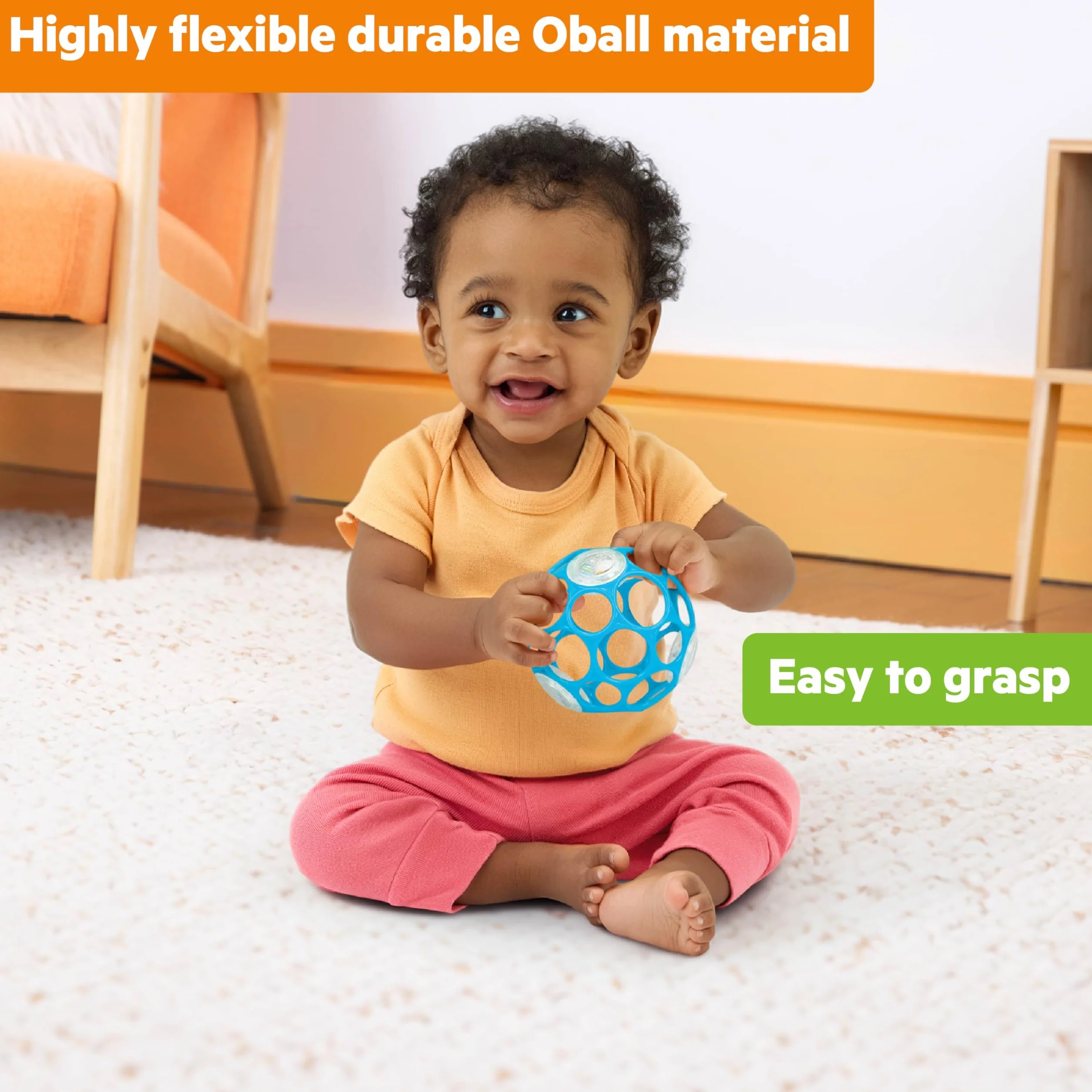 Bright Starts, Oball Rattle, niebieski – elastyczny i łatwy w dotyku design, dla dzieci w każdym wieku