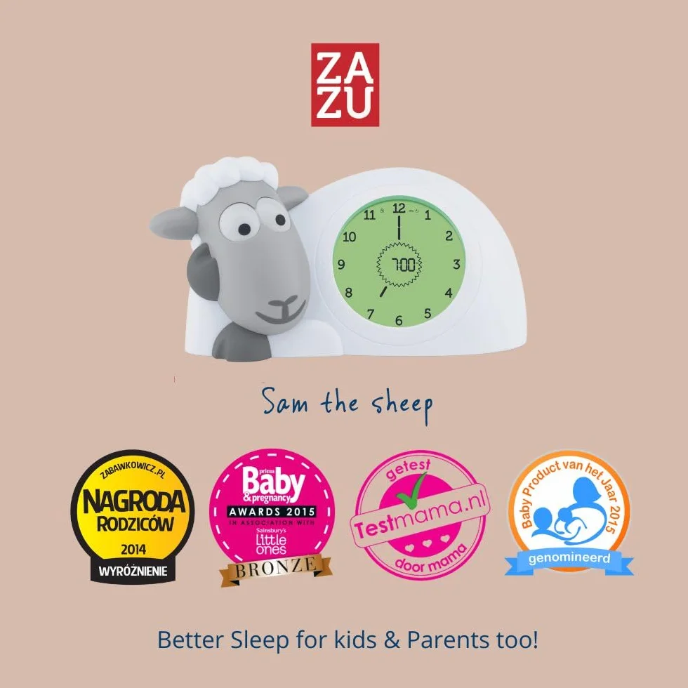 ZAZU Sam Baranek - zegar treningowy do spania i lampki nocnej dla dzieci, budzik świetlny, pomóż dziecku nauczyć się, kiedy się obudzić | Regulowana jasność | Automatyczne wyłączanie