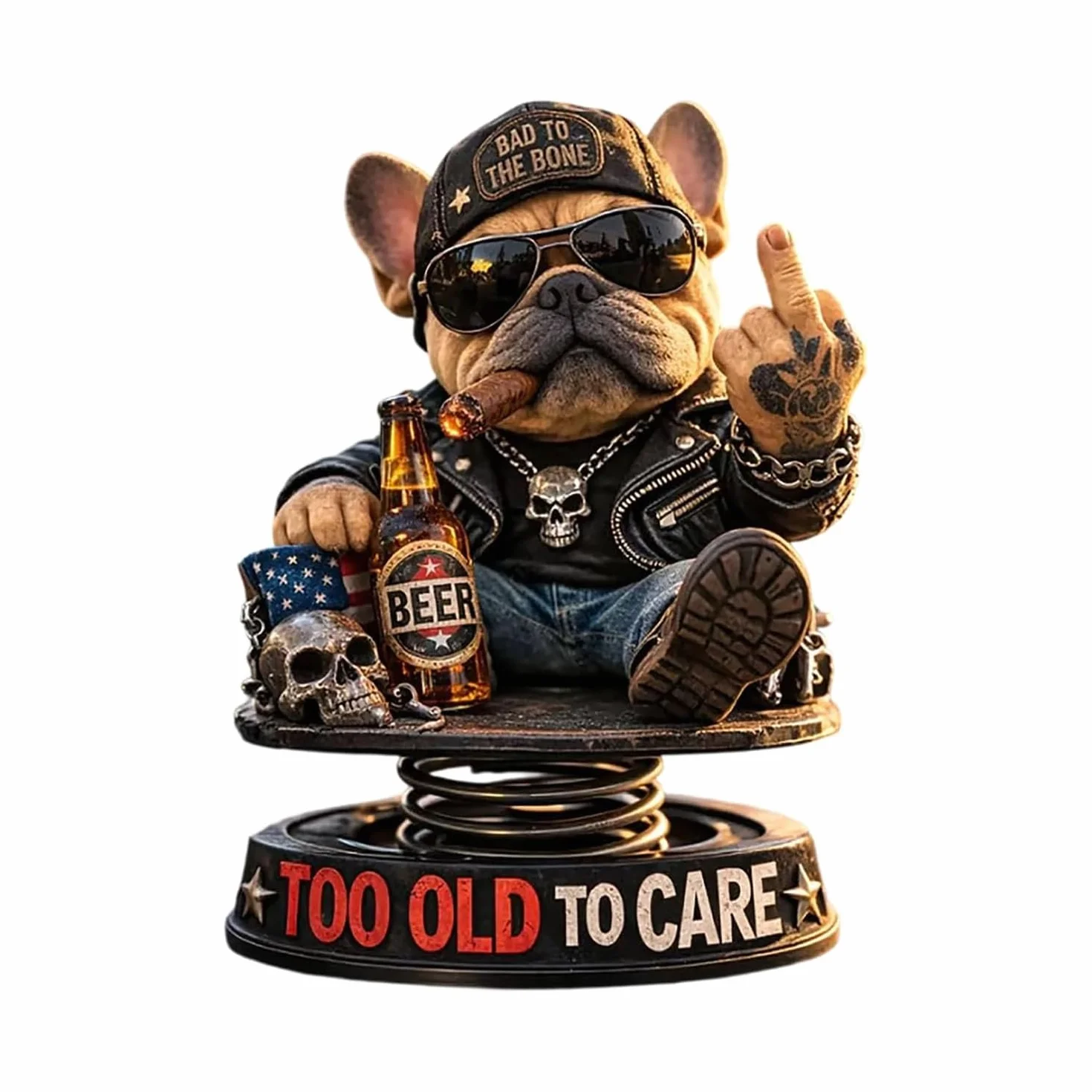 Too Old to CareDashboard Bobblehead, śliczny buldog dekoracja deski rozdzielczej, ciekawa deska rozdzielcza buldog środkowy palec statuetka dekoracja, humorystyczny bob samochodowy