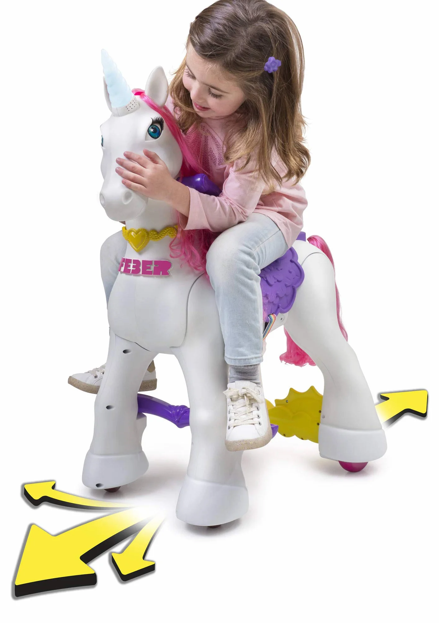 FEBER - My Lovely Unicorn z różową grzywką, elektronicznym zwierzakiem i pojazdem akumulatorowym 12 V (Famosa 800011603)
