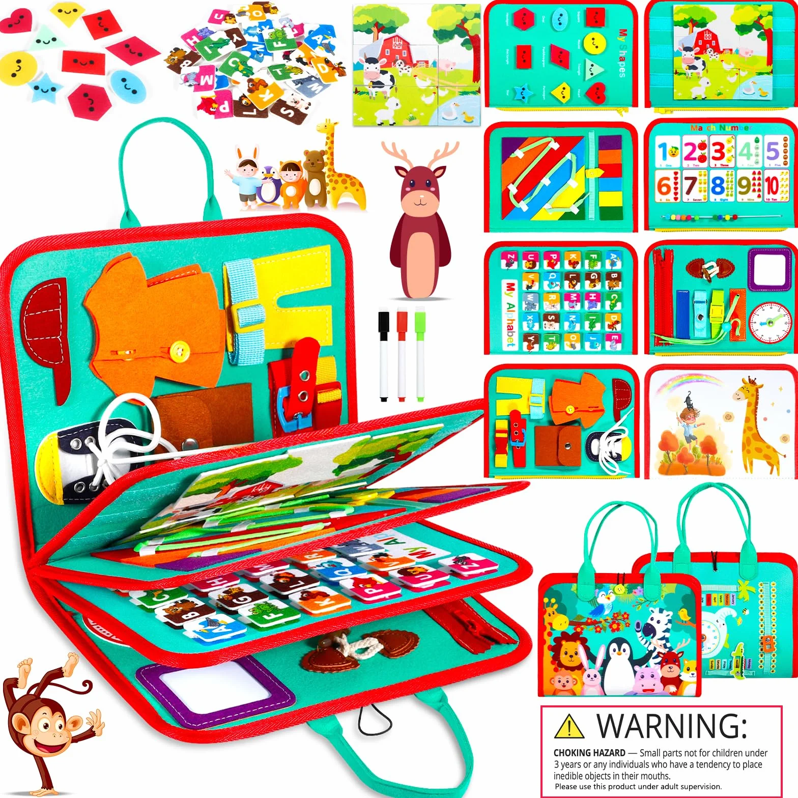 ZLPBAO Busy Board Montessori Zabawka na 2 lata, 8 w 1 gry Montessori, edukacyjne zabawki rozwojowe - Gry dla niemowląt na 1 rok do aktywności i rozwoju, prezent dla dzieci, dziewczynek, 2, 3, 4, 5, 6