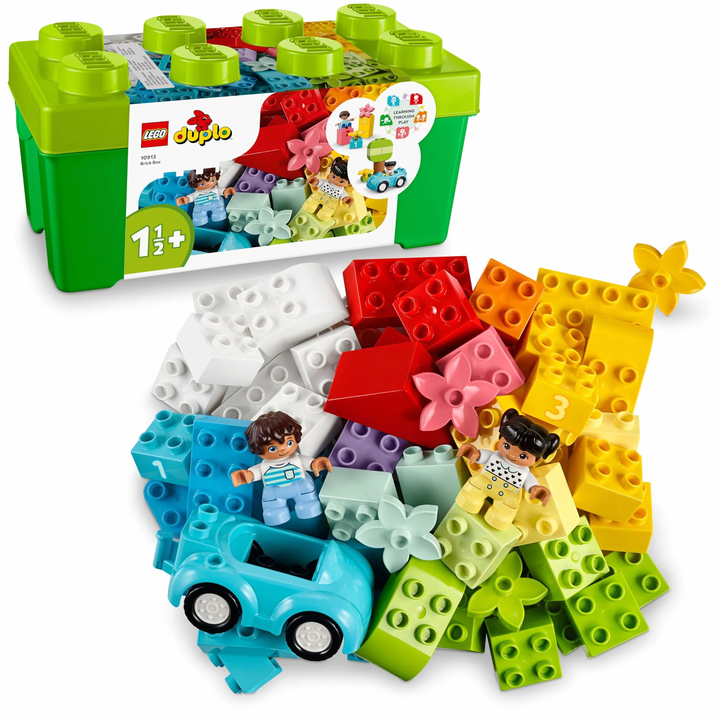 LEGO DUPLO Brick Box - Educational Stacking Toys for 1+ Year Old Boys & Girls - incl. Colourful Number Bricks, a Car & 2 Figures, plus Toy Storage - 10913