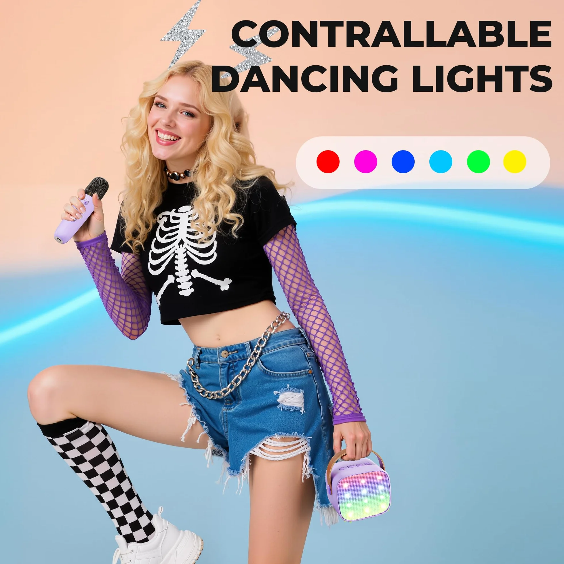 Maszyna karaoke dla dzieci Mini maszyna do karaoke z 2 mikrofonami, głośnik Bluetooth ze światłami LED i zniekształceniem głosu, prezent dla dziewczynek w wieku 3, 4, 5, 6, 7, 8, 9, 10, 11, 12+ lat