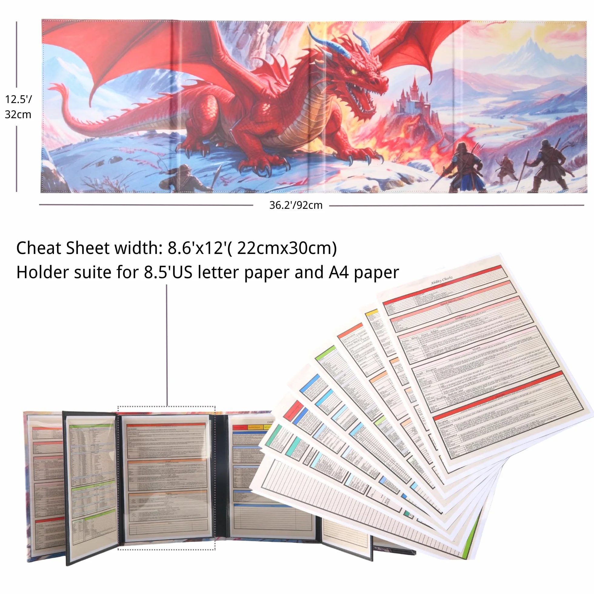 DND 5e Ekran DM 8 Panele z imitacji skóry Deluxe 2 zawieszone kieszenie do wymazywania na mokro i cheat sheet dla Mistrza Lodów Dungeons and Dragons Akcesoria do terenu GM Mapa TTRPG Prezent dla