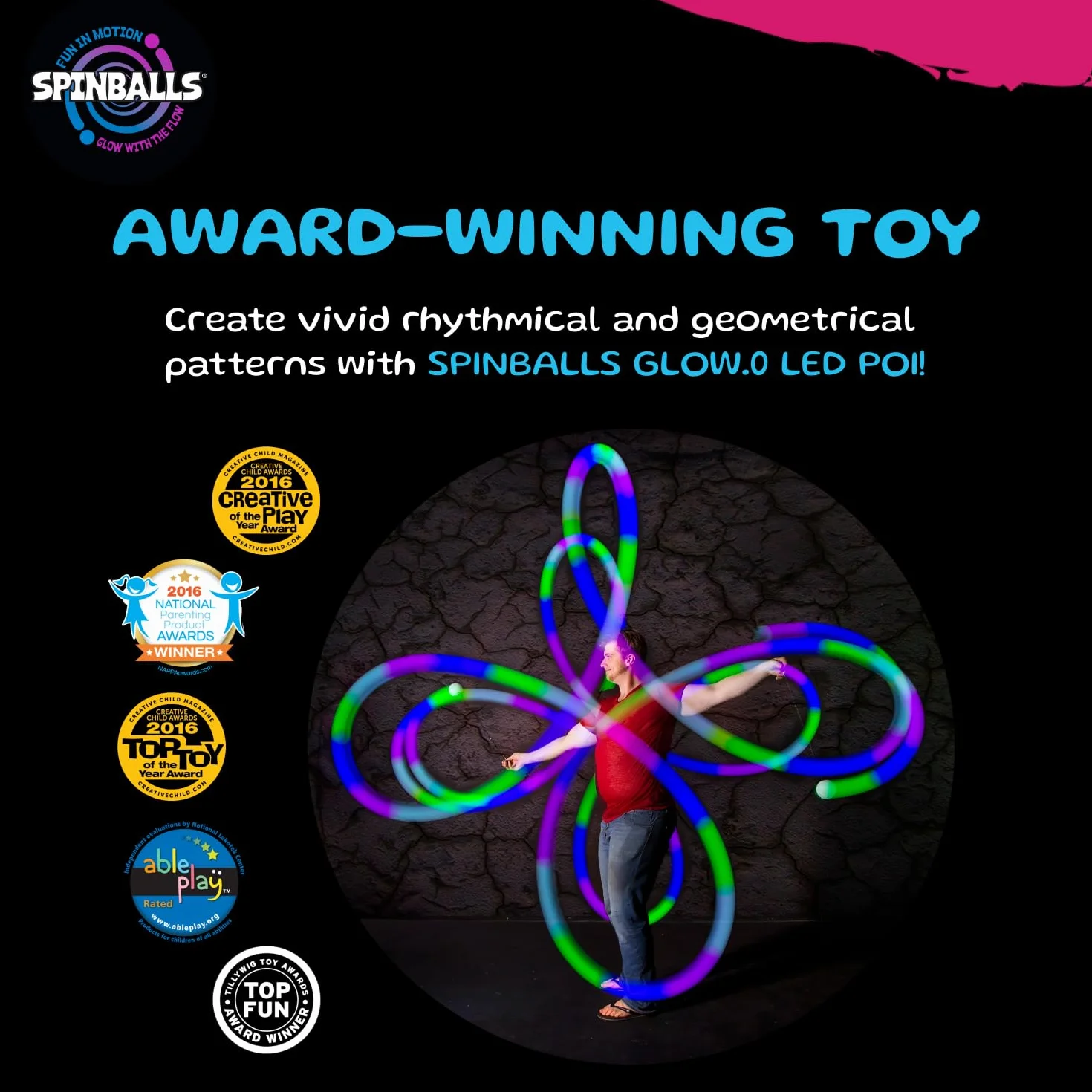 Spinballs Bolas Luminous - USB do ładowania z 22 trybami i kolorowymi wzorami świetlnymi - wytrzymała piłka do żonglowania, Soft-Core LED Kulki do Żonglerki z regulowanymi sznurkami i podwójną klamrą