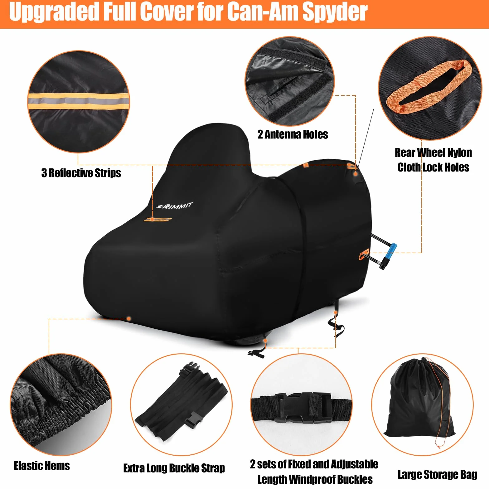 Can-Am Spyder Wodoodporna plandeka 420D Spyder Full Cover z 3 paskami odblaskowymi do Can-Am Spyder RT/F3 S/Limited, trzykołowy pokrowiec na motocykl, ochrona zewnętrzna