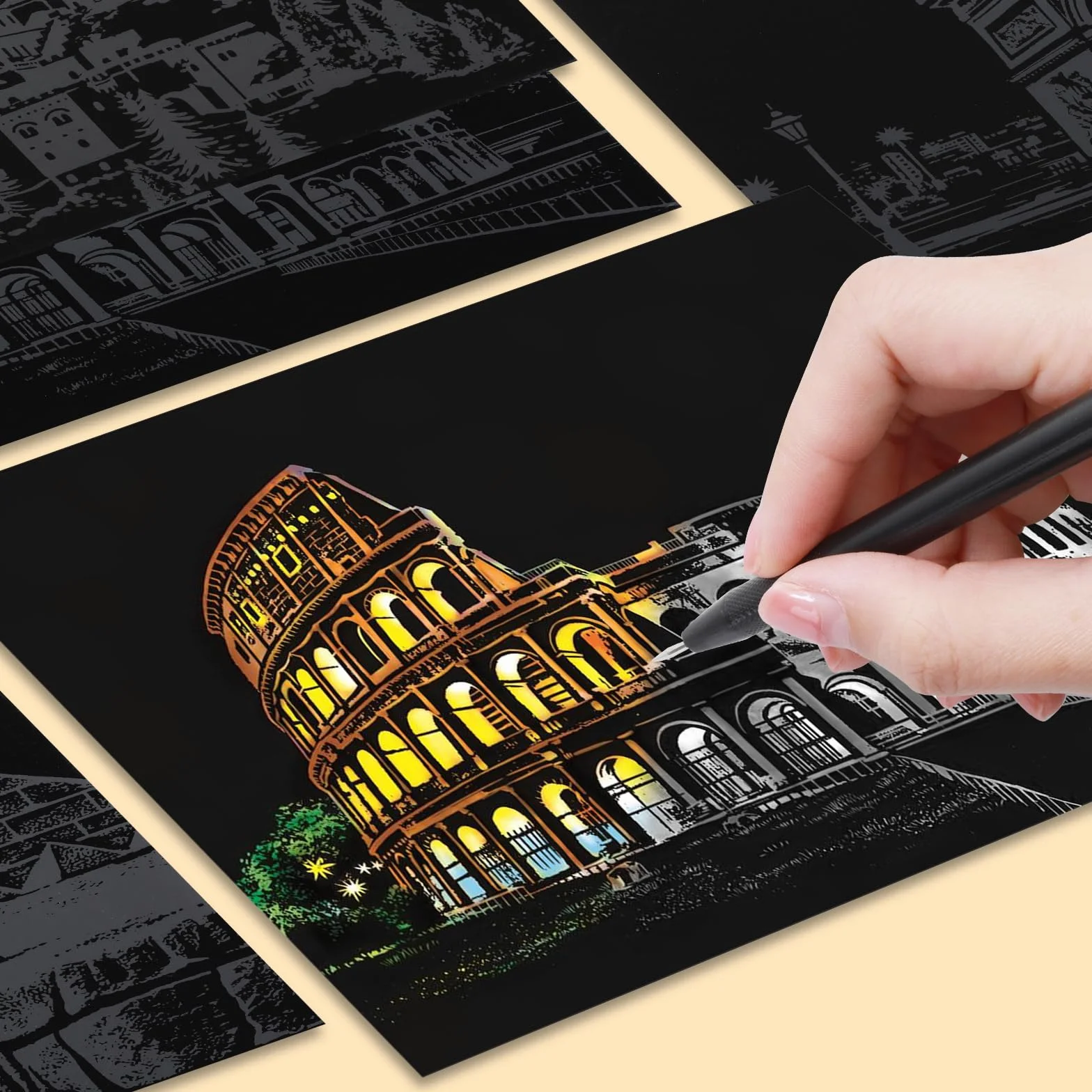 12 szt. papieru do zdrapywania tęczowego papieru do zdrapywania z zestawem narzędzi do drapania, znane na całym świecie zabytki miasta, sztuka zadrapań dla dorosłych (rozmiar A5)
