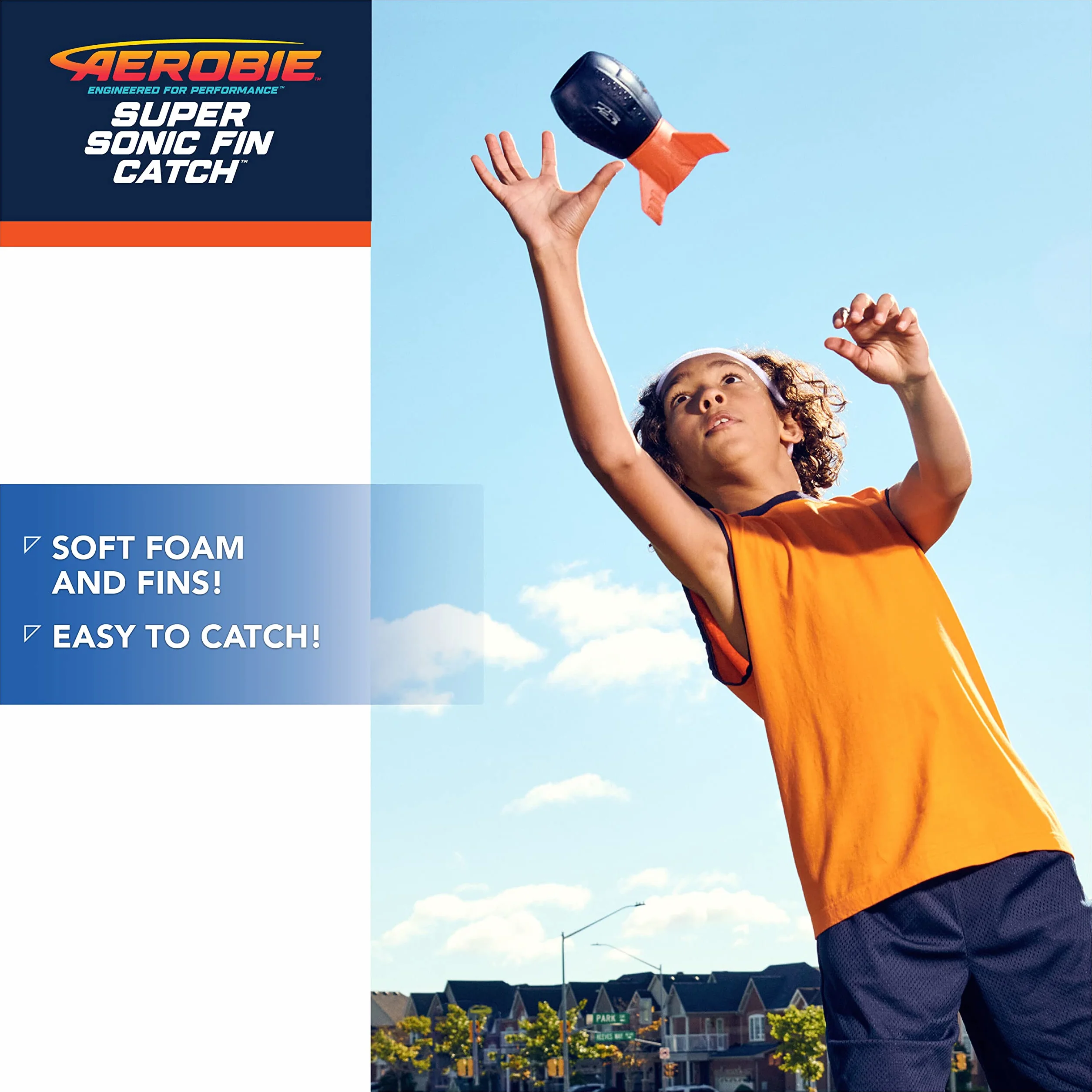 Aerobie Super Sonic Fin Catch Football, zabawka outdoorowa z miękkiego materiału, dla dzieci i dorosłych od 8 lat, niebieska/pomarańczowa