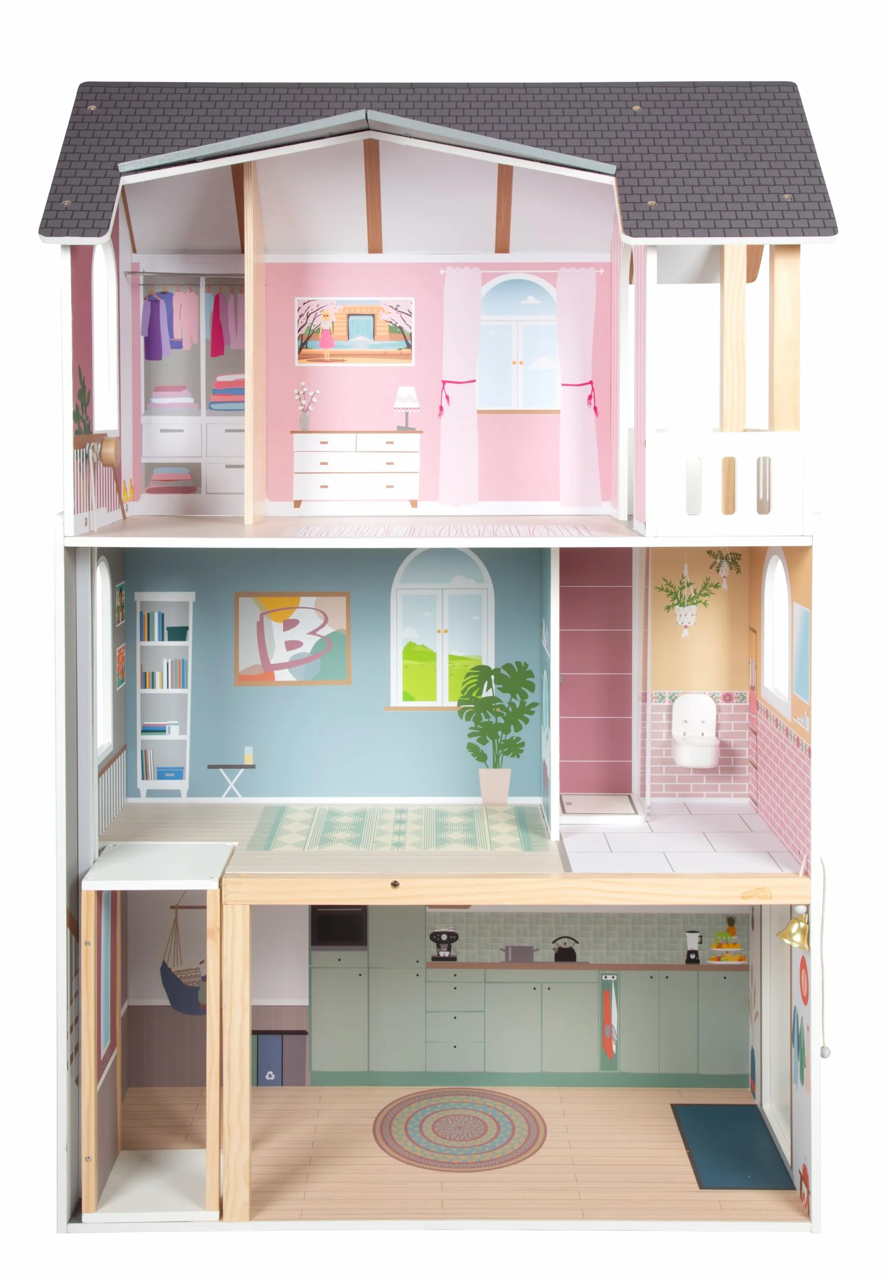 Mały domek dla lalek Villa XL, 3-piętrowy domek dla lalek z windą, dla lalek do 30 cm, skala 1:6, imitacja drewna, 12730