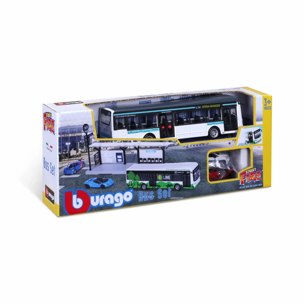 BBURAGO 1/64 PUBLICZNY TRANSPORT - Playset City Bus + Stacja + 2 pojazdy -, Niebieski lub Zielony