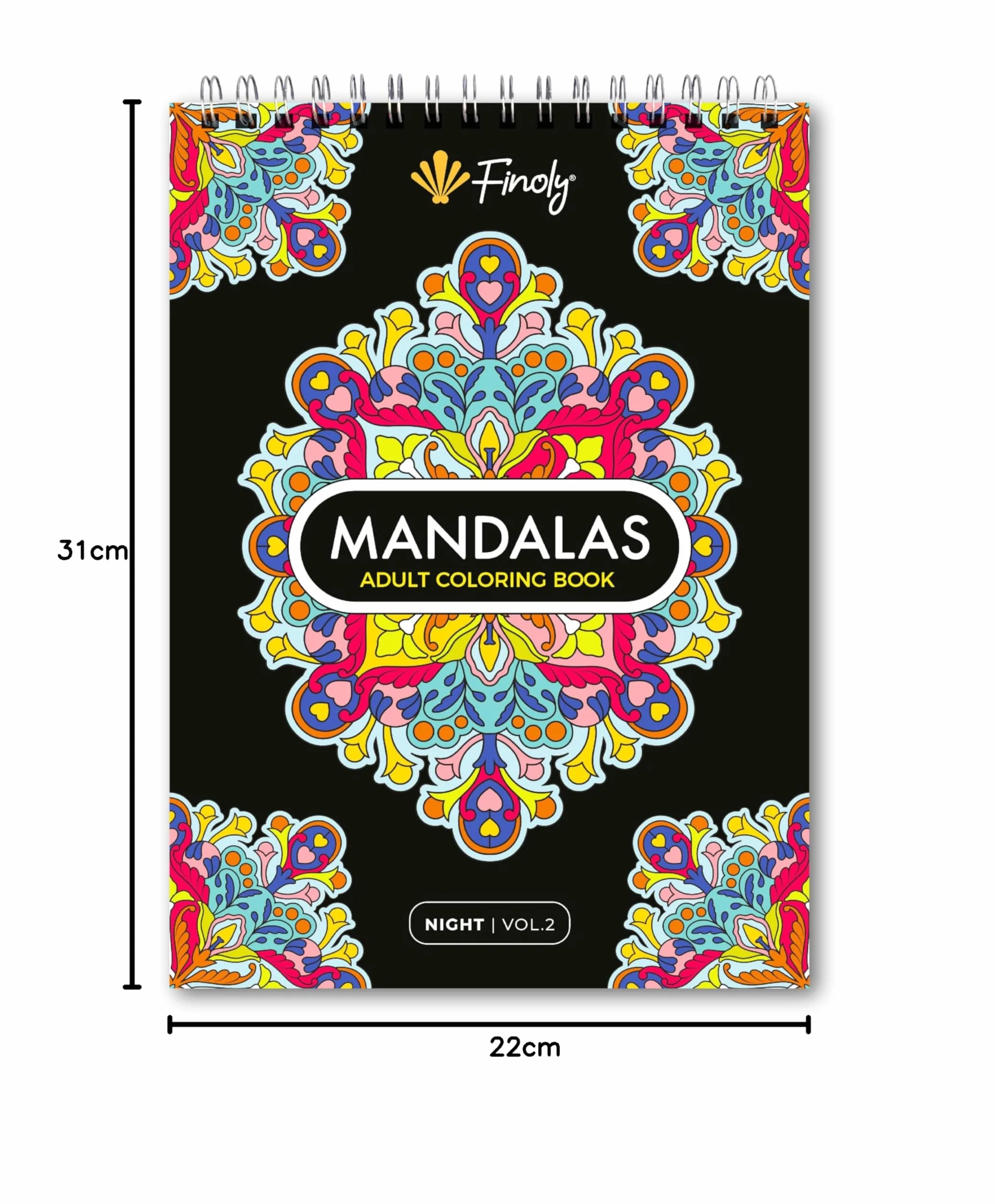 Finoly Mandala kolorowanka dla dorosłych, mandala kolorowanka dla dorosłych, 30 oryginalnych ilustracji, format A4, papier premium, oprawa spiralna, VOL 2 (noc)