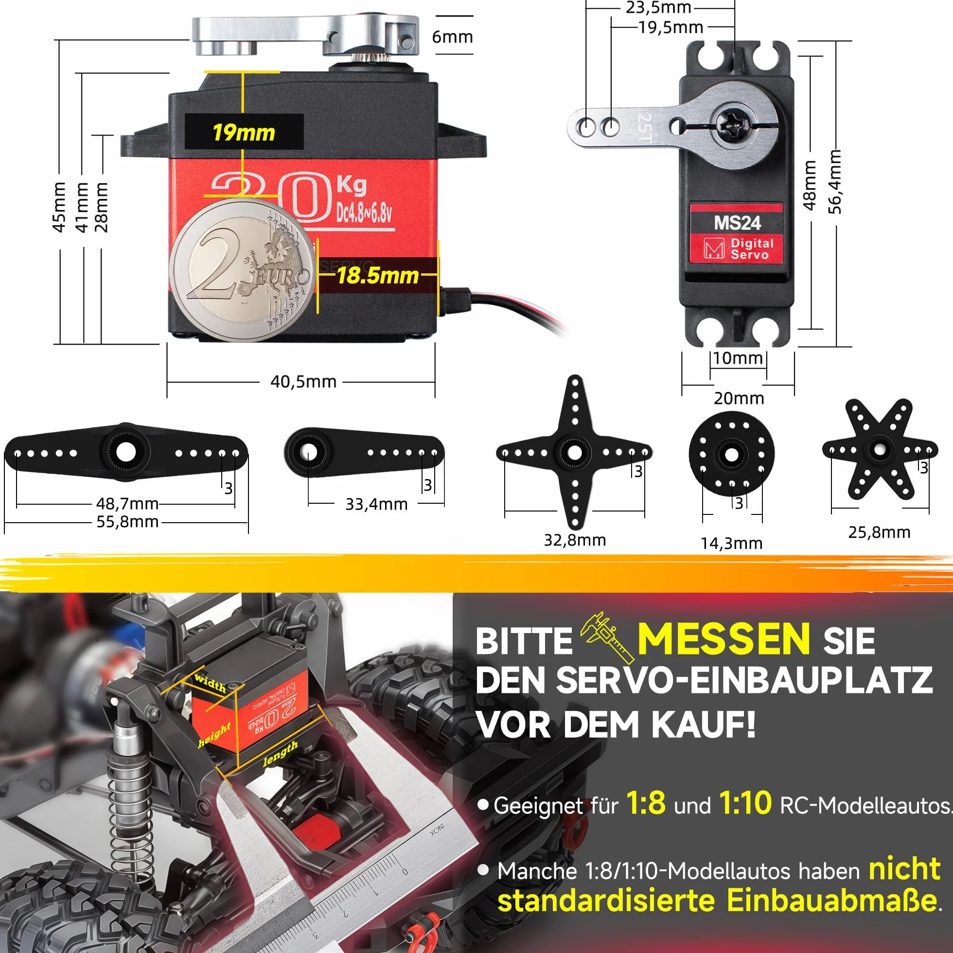Miuzei Serwo sterujące Rc Digital Servo 20 kg, 270°, wodoszczelne, z metalową przekładnią, do samochodu, 1/10, 1/8, 1/12, modeli zabawek, samolotów, robotów, łopatek tary, samochodu, łodzi (3 sztuki)
