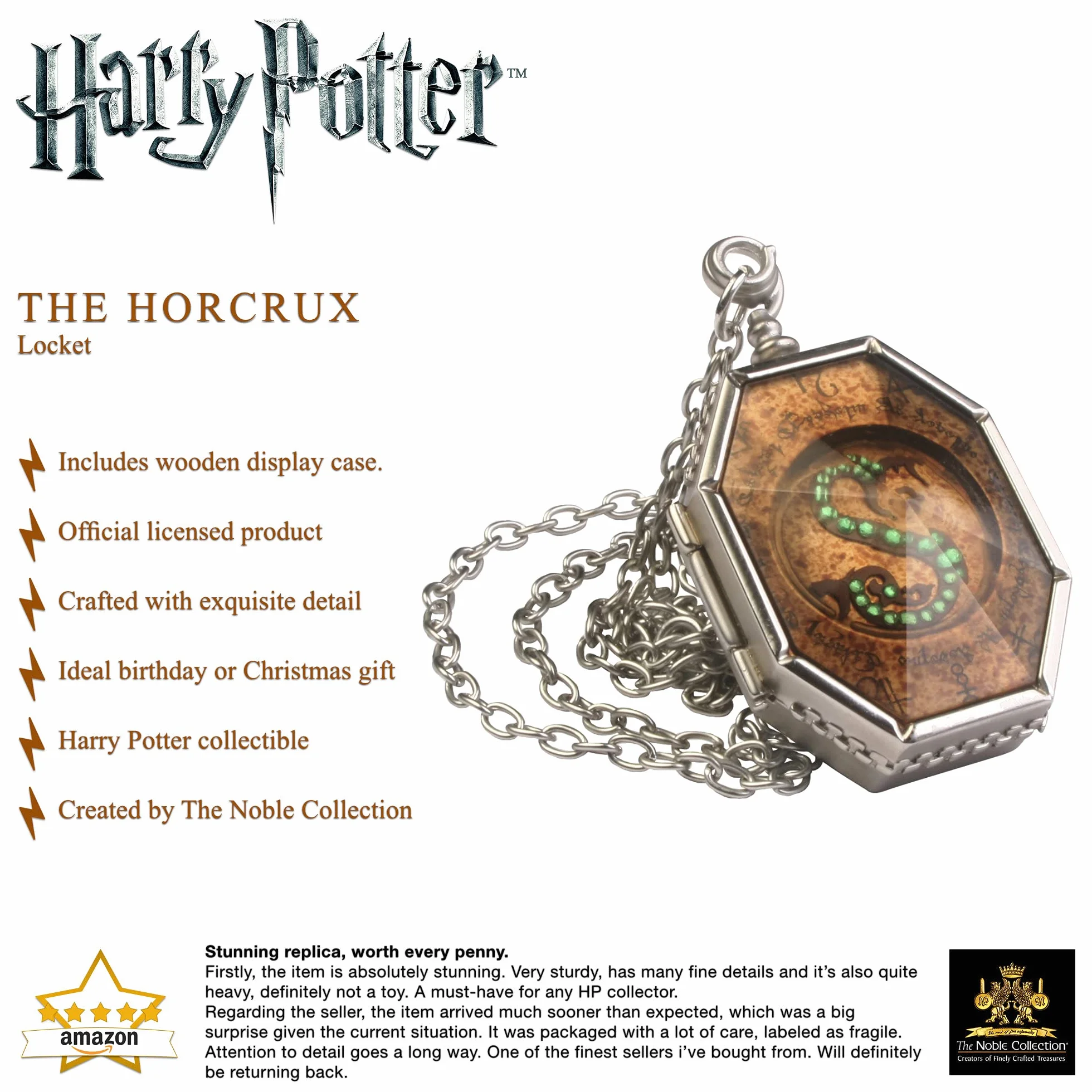 The Noble Collection Medalion z motywem horkruxa z Harry'ego Pottera - medalion na łańcuszku z drewnianą witryną - oficjalnie licencjonowany film rekwizyty prezenty biżuteria