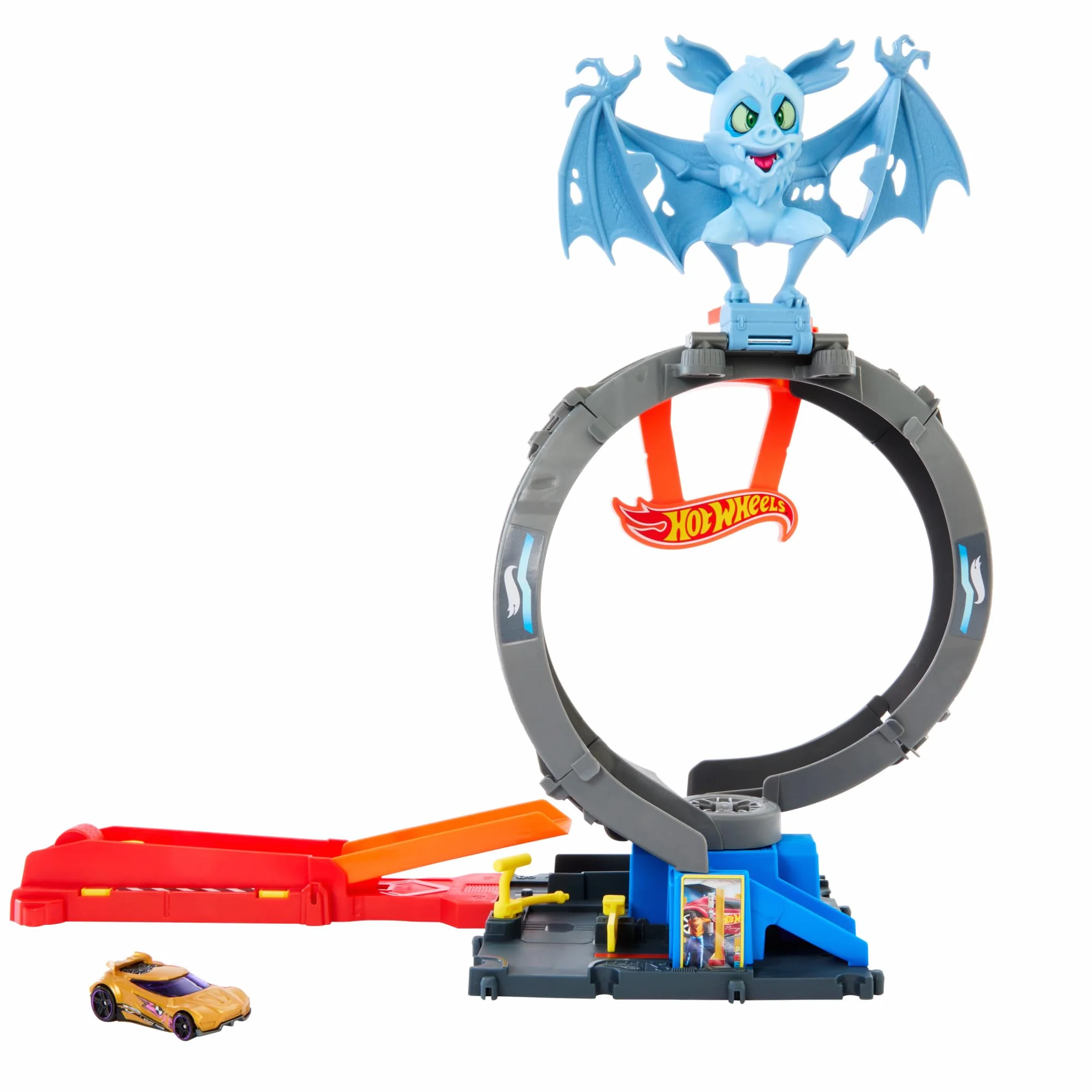 Hot Wheels City Let's Race – Na start! - Netflix - Pętla nietoperza Zestaw z pętlą do dostosowania, wyrzutnią i samochodzikiem w skali 1:64, HTN78
