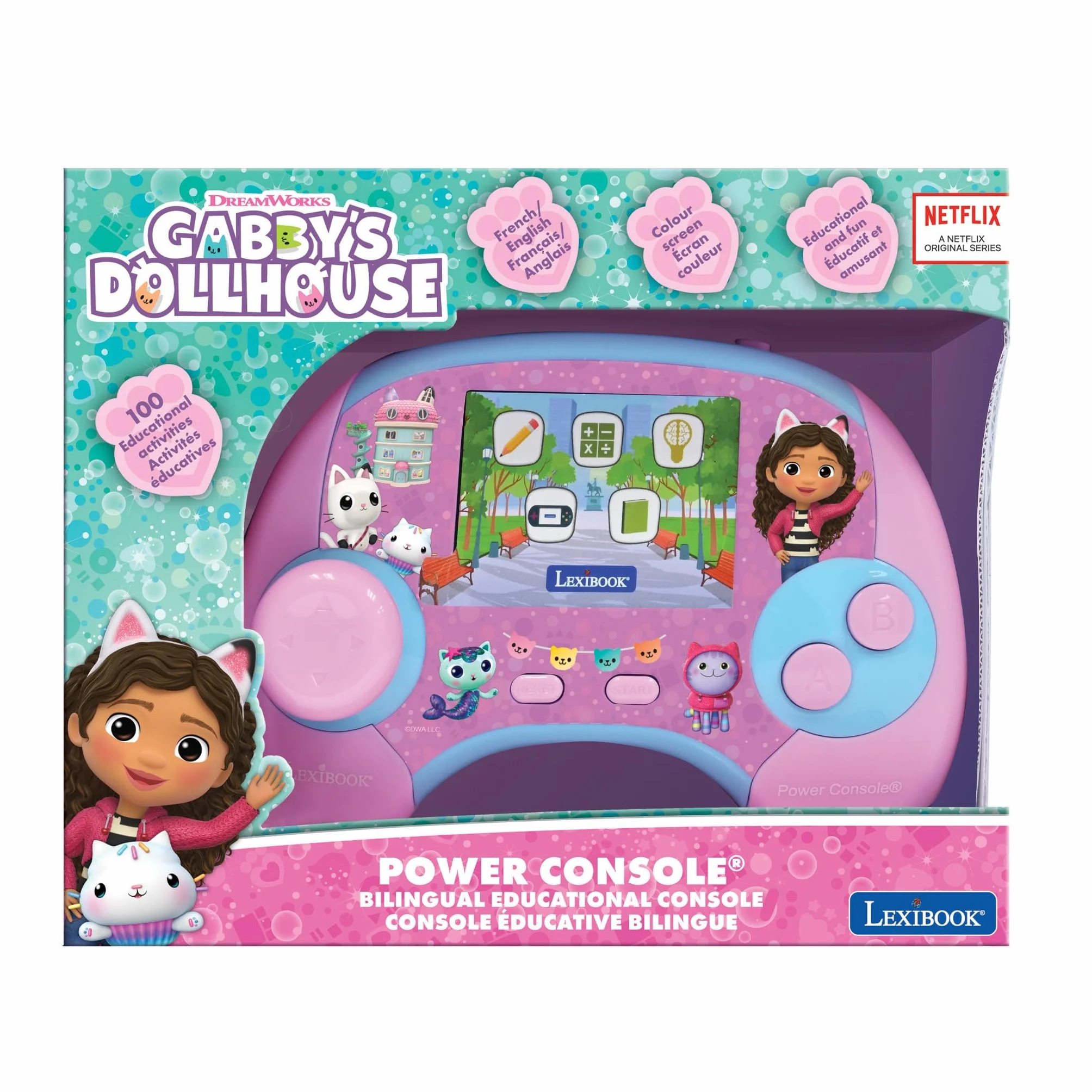 Lexibook, Gabby i Magic House, Power Console, Dwujęzyczna Francuska, Angielska Konsola do Gier Edukacyjnych z 100 Aktywnościami, Kolorowy Ekran, JCG100GDHi1, Różowy, Niebieski